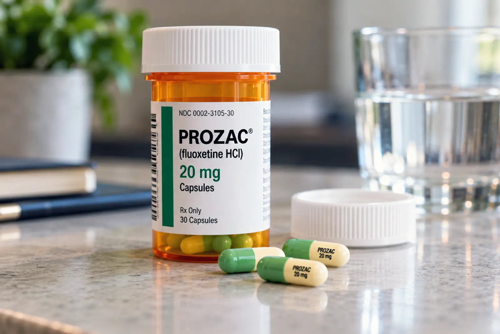 Prozac medication bottle and capsules on a table.