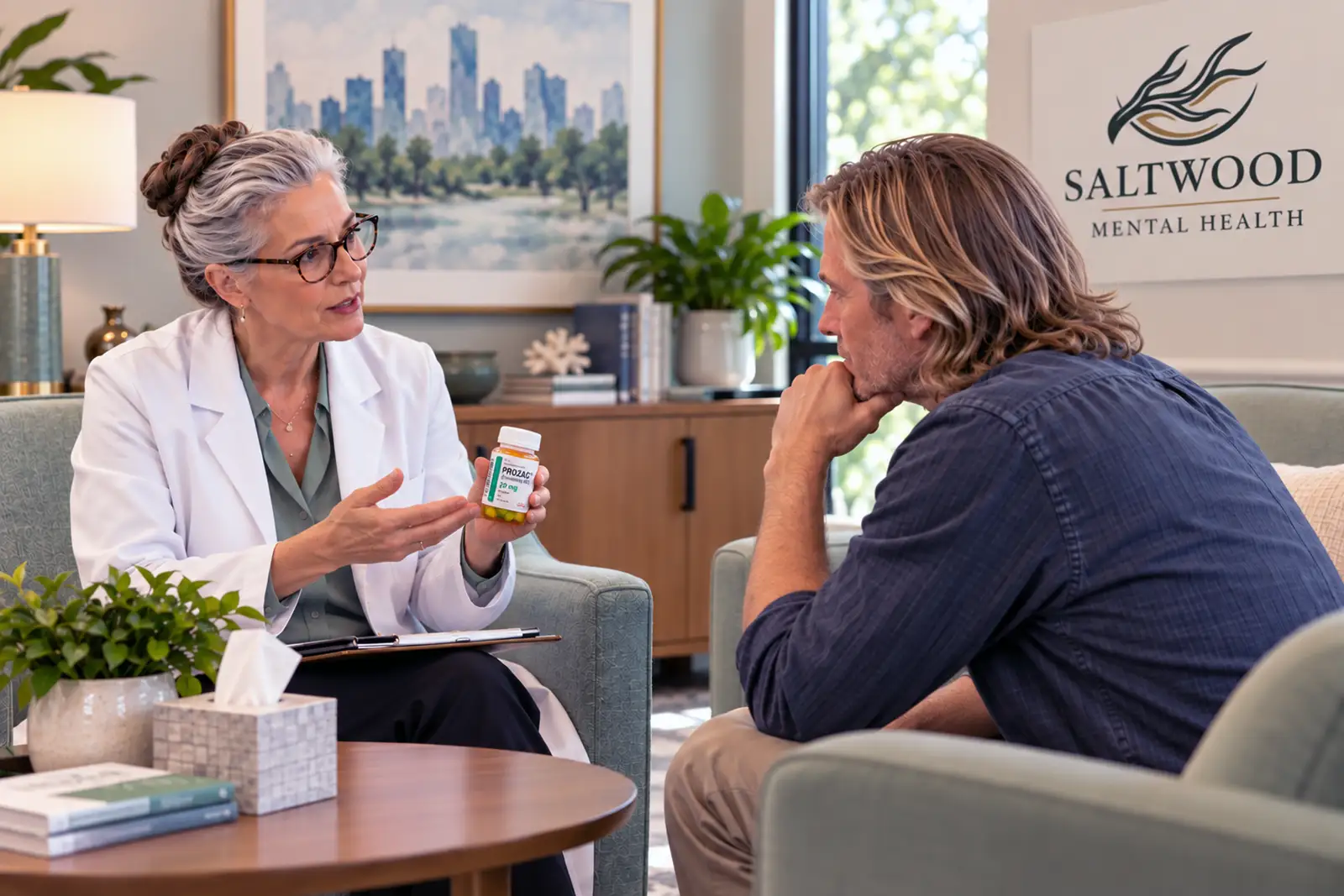 Mental health professional discussing Prozac treatment and side effects with a patient.