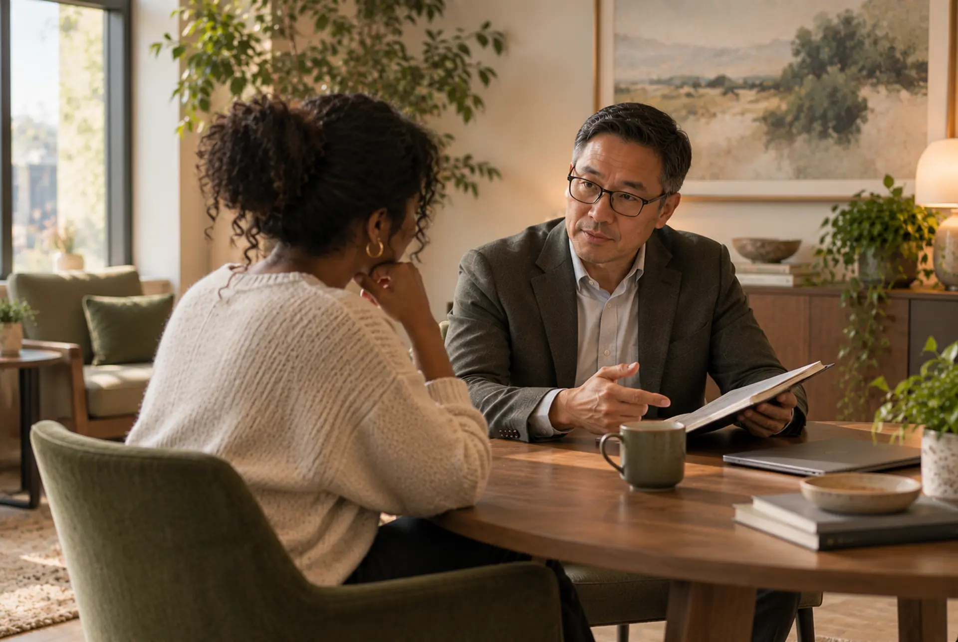 Psychiatrist reviewing treatment options with a client.