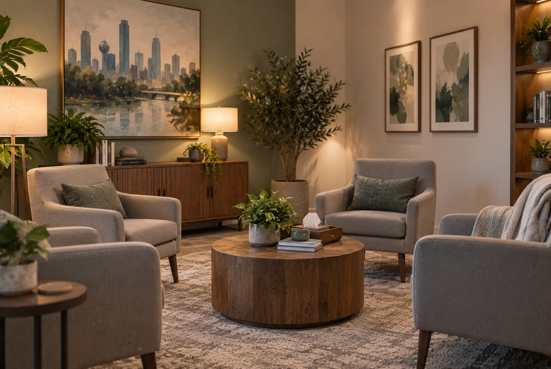 Calm outpatient PTSD treatment room at a Dallas mental health clinic.