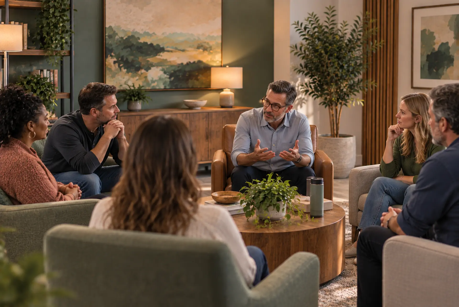 Group therapy session supporting PTSD with co-occurring anxiety and depression.