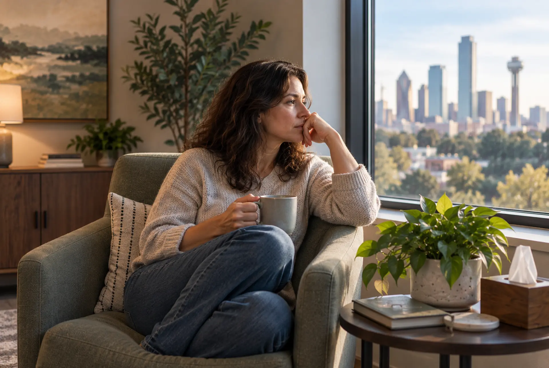 Adult sitting by a window coping with post-traumatic stress symptoms.