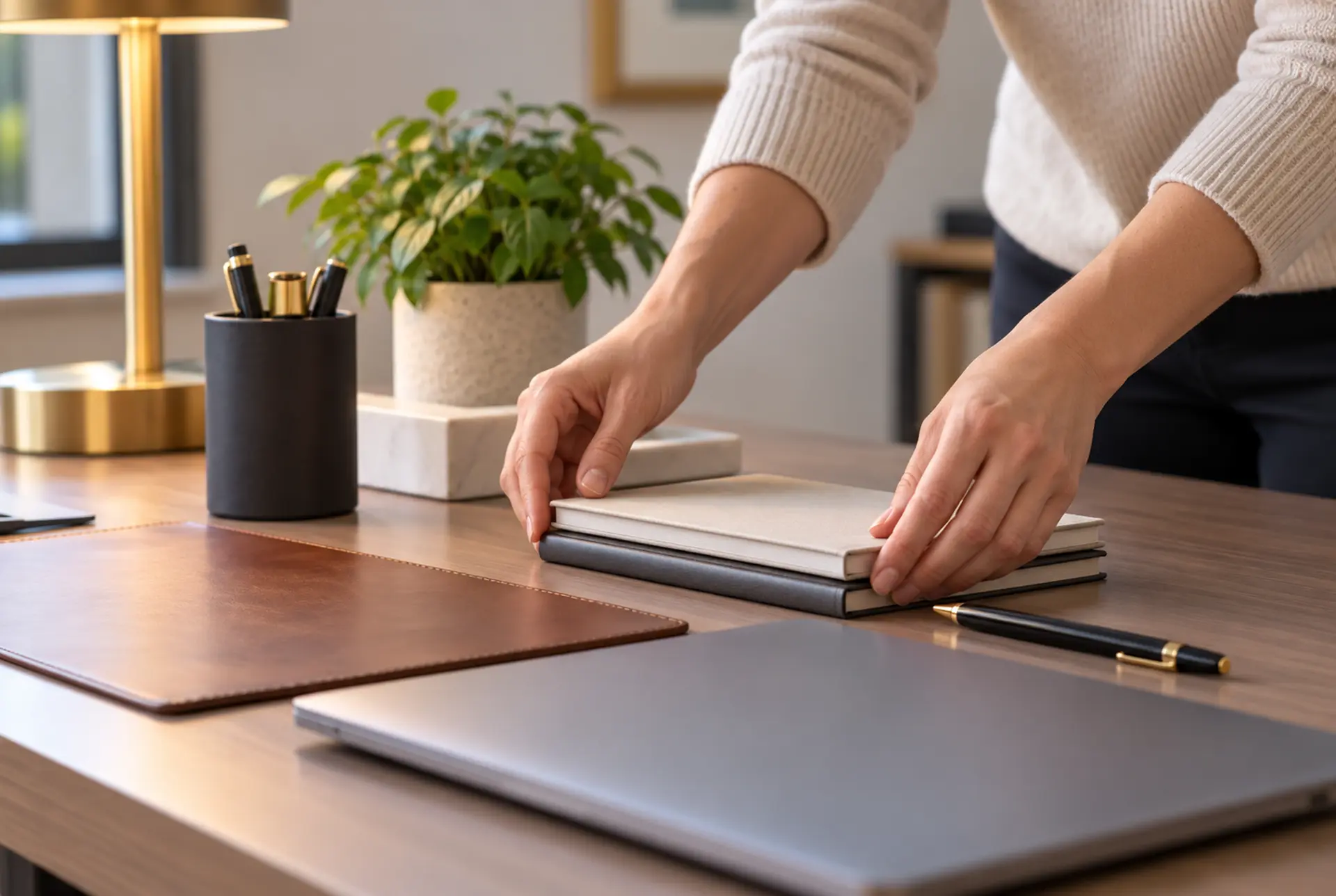 Hands straightening objects already in order on a desk
