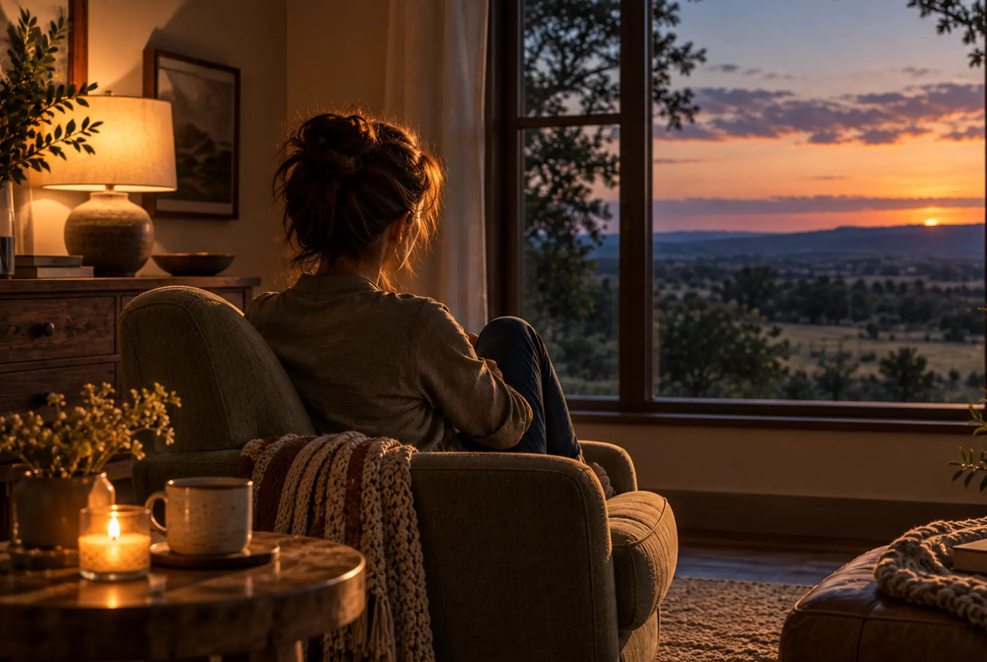 Adult sitting alone in a quiet room at the end of the day