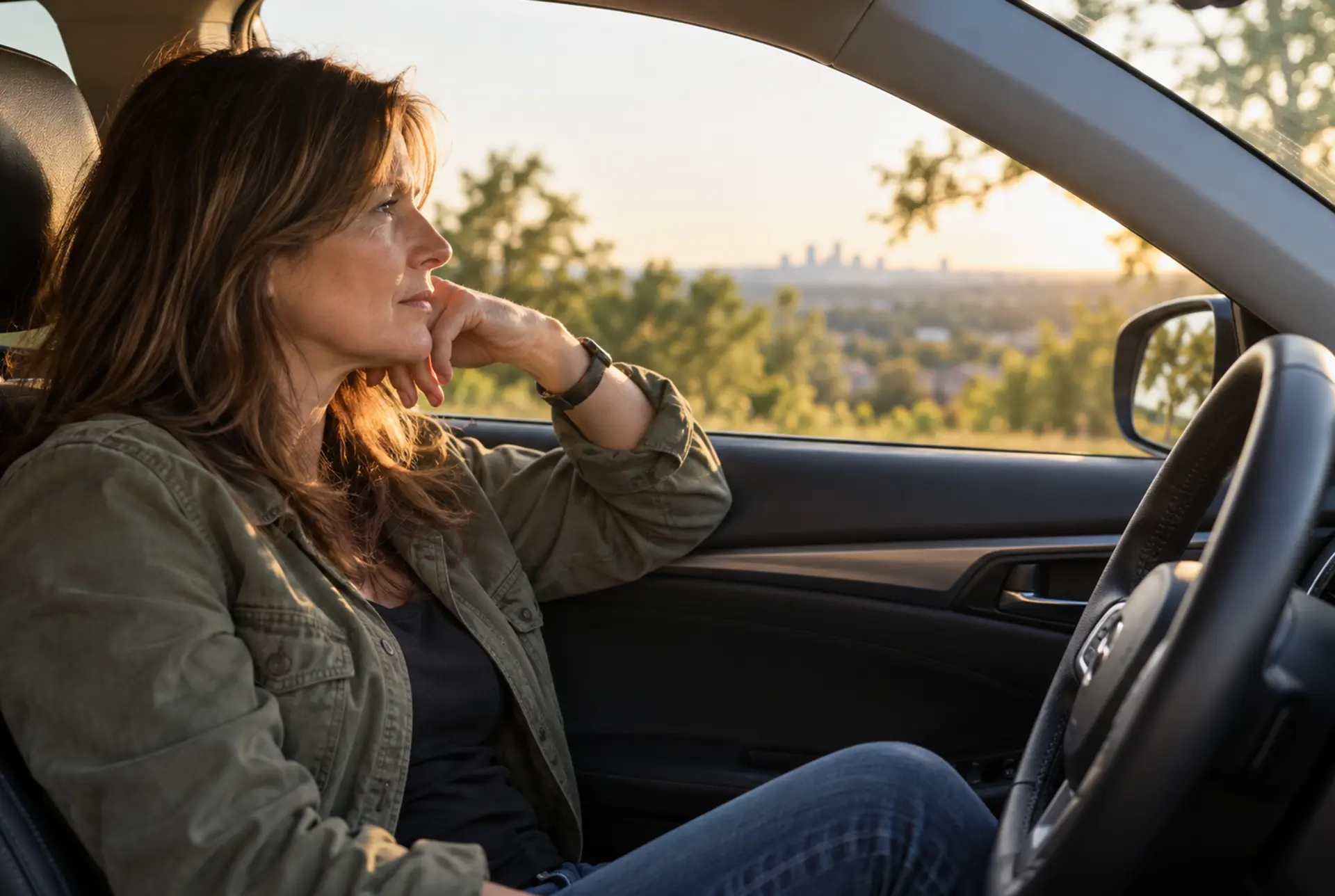 Adult pausing in a parked car before heading home