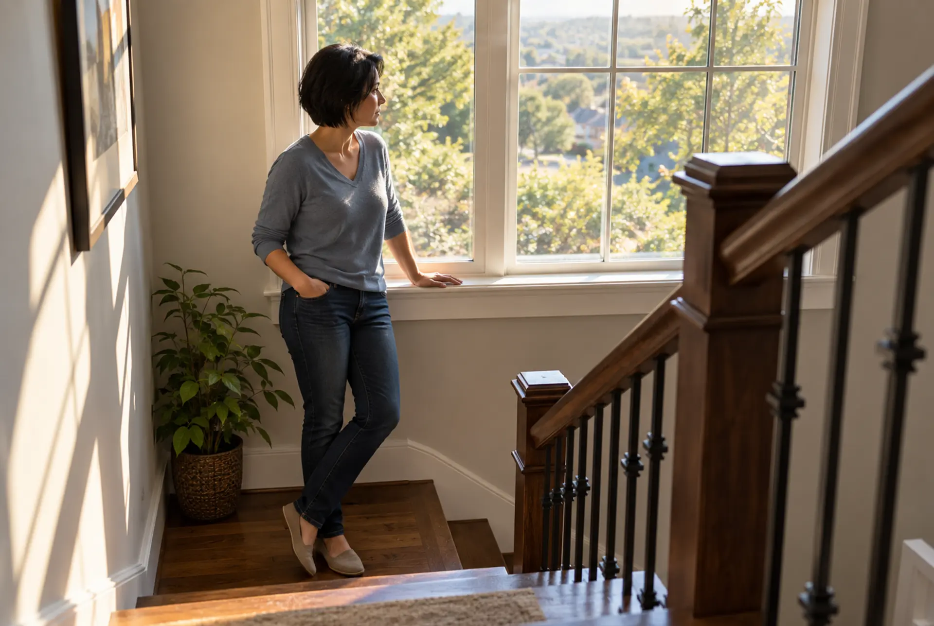 Adult pausing on a stairwell landing by a window