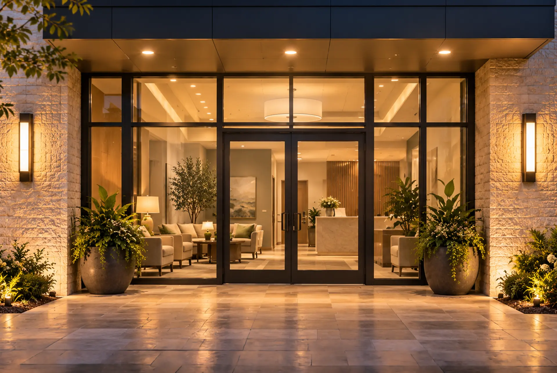 Clinic exterior with lit windows in the evening