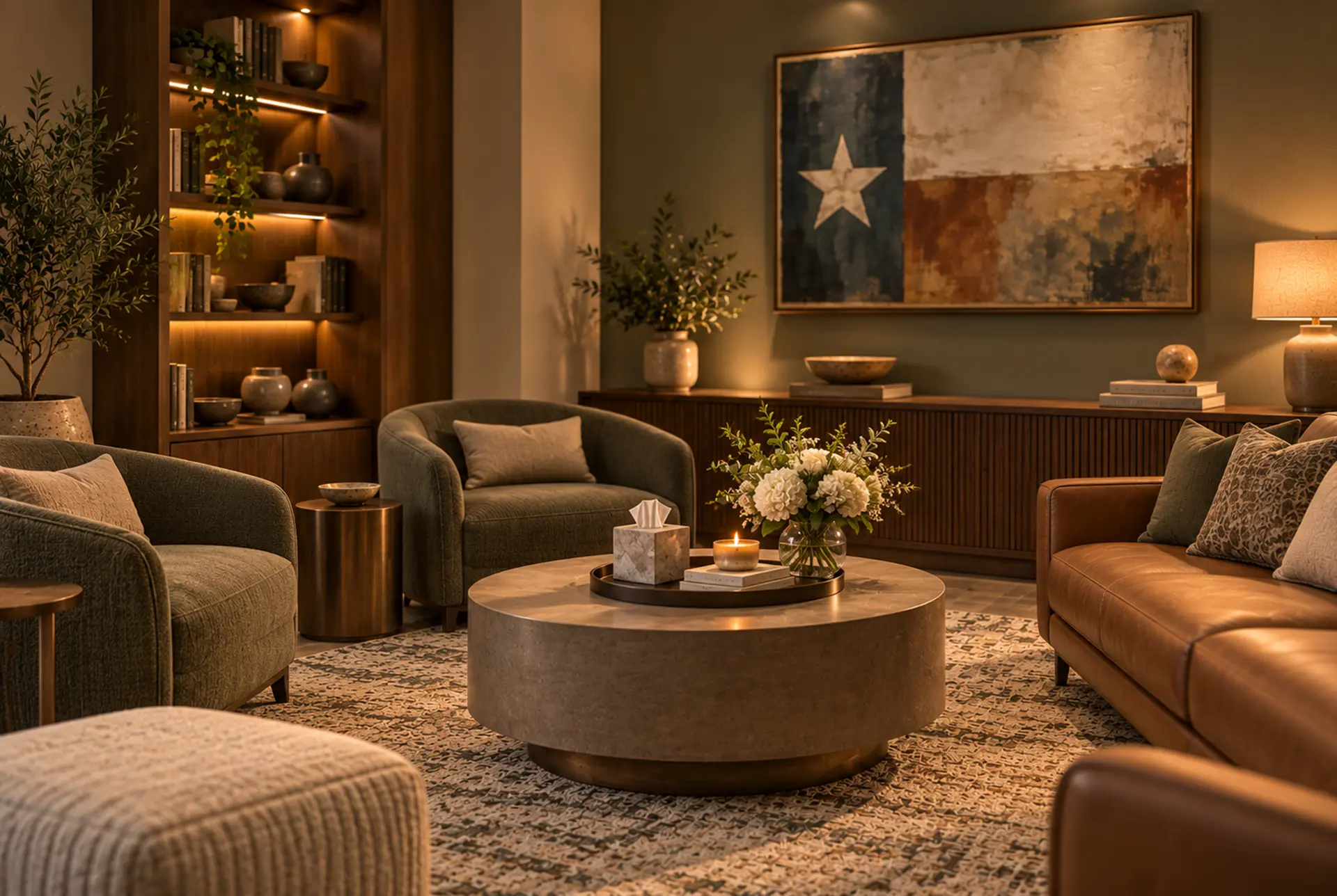 Quiet lounge seating inside a private outpatient mental health clinic
