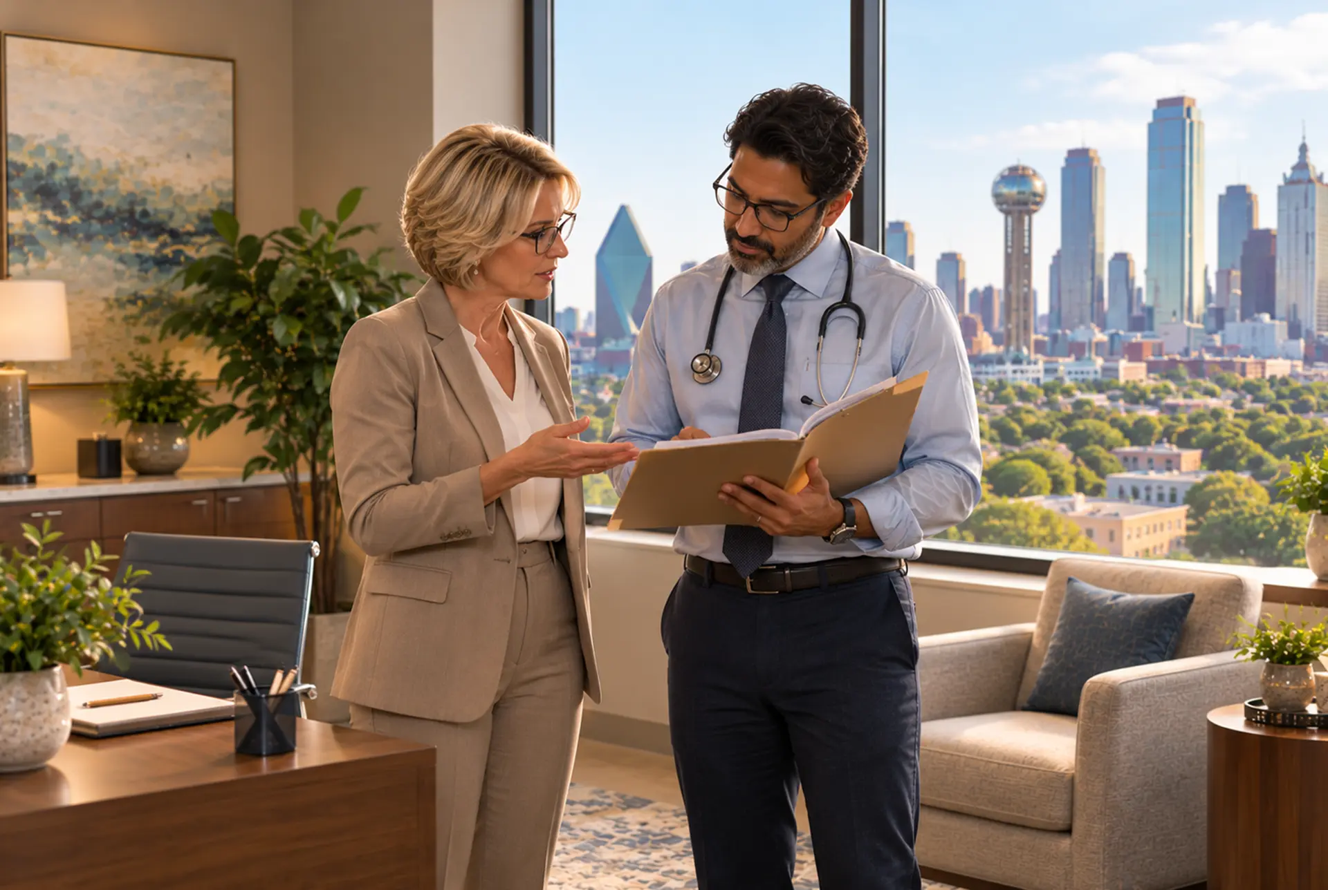 Two people in conversation standing by a window