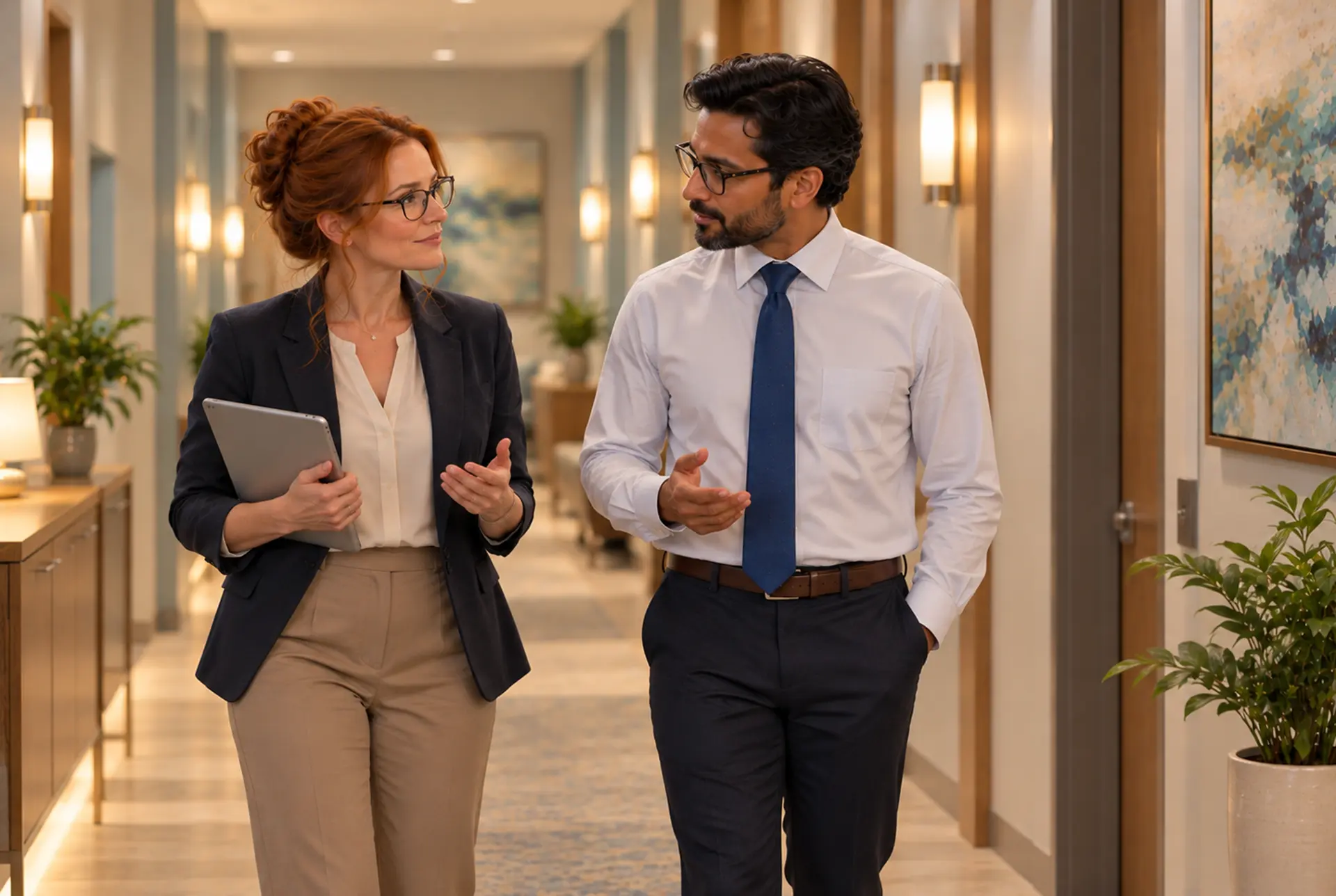 Two colleagues talking as they walk a quiet corridor