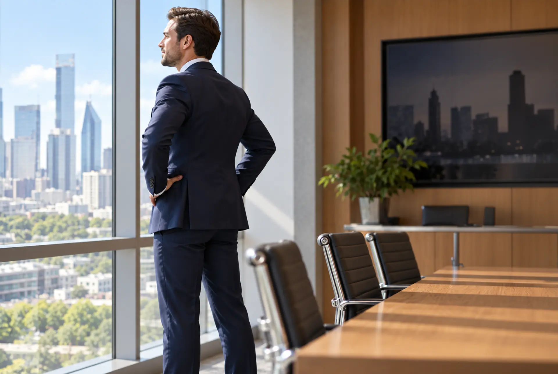 Adult standing at the edge of a meeting room in daylight