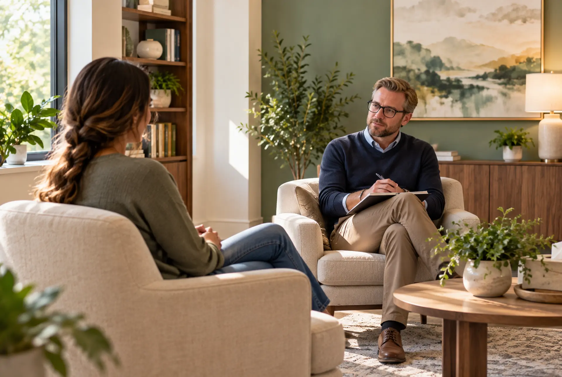 One-to-one counseling room with soft daylight