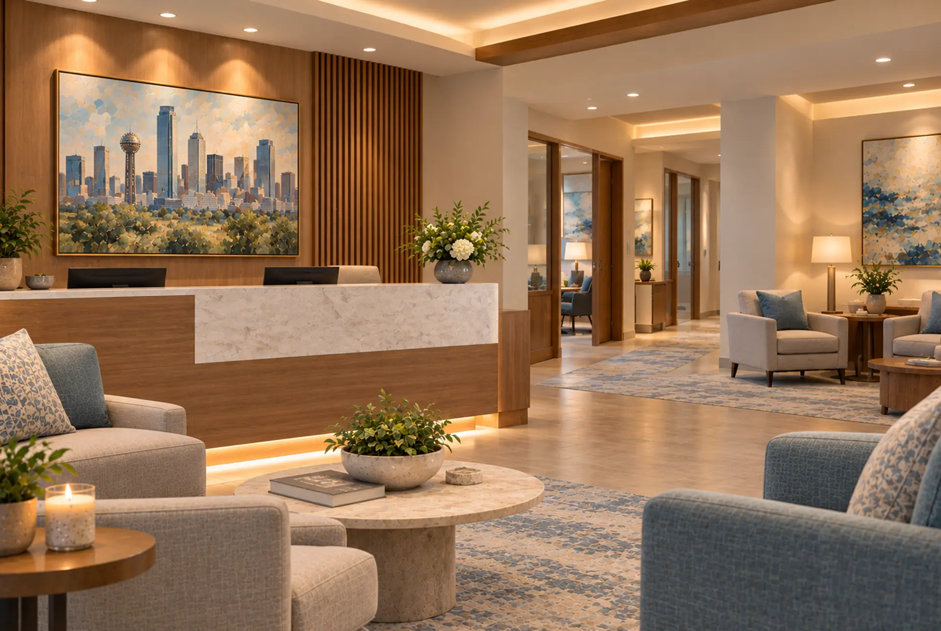 Reception and seating area at Saltwood Mental Health in Dallas, Texas
