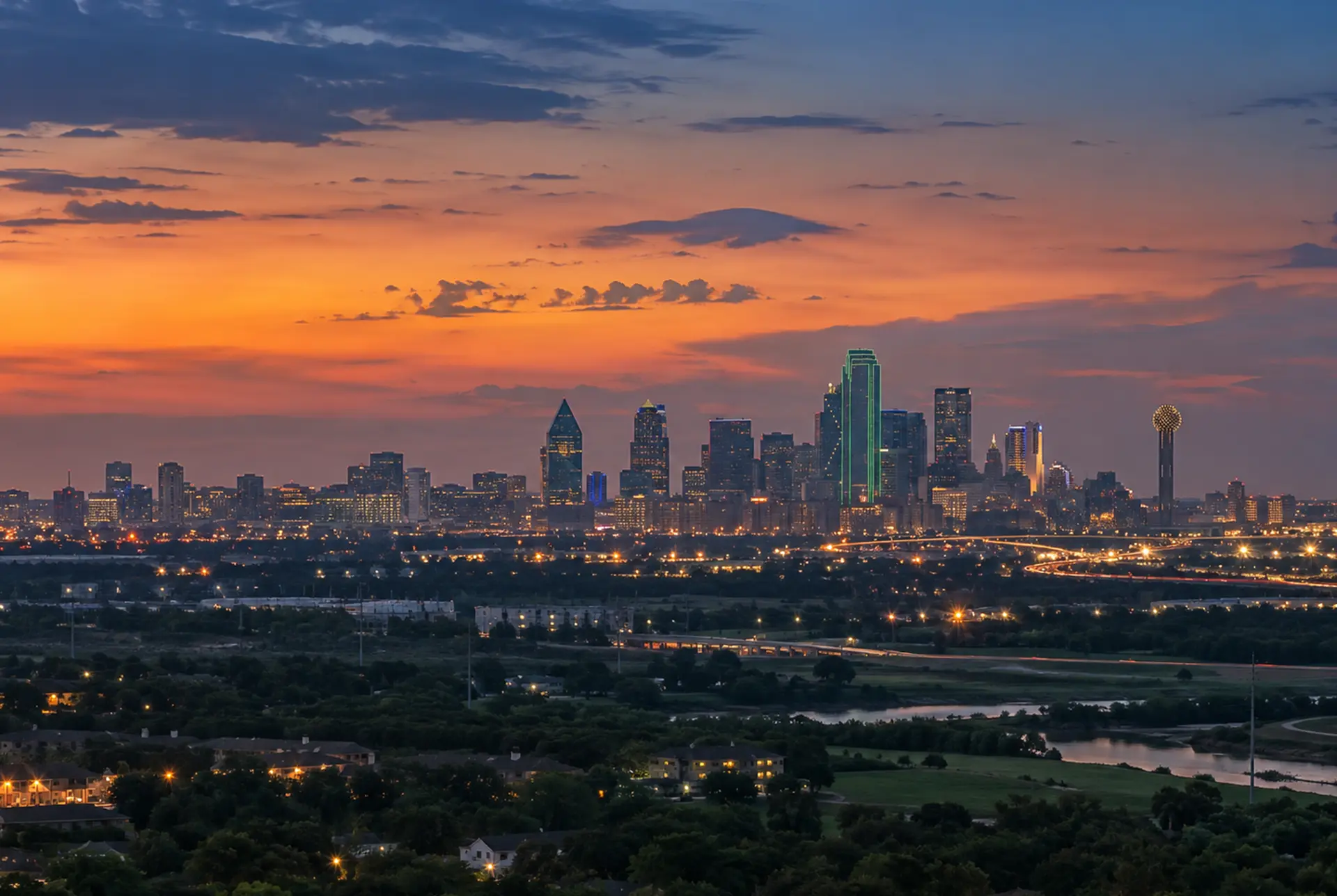 Dallas skyline seen at dusk from a distance