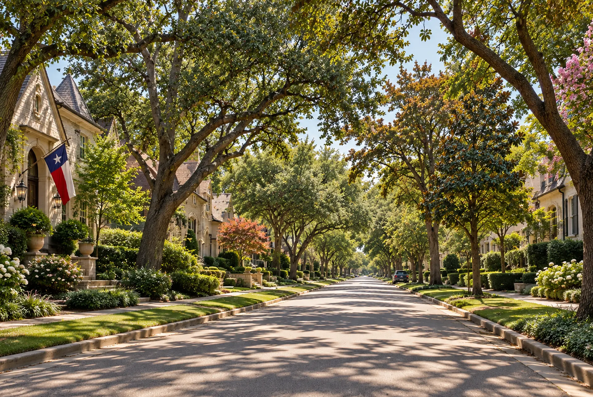 Tree-lined residential street in Dallas, Texas