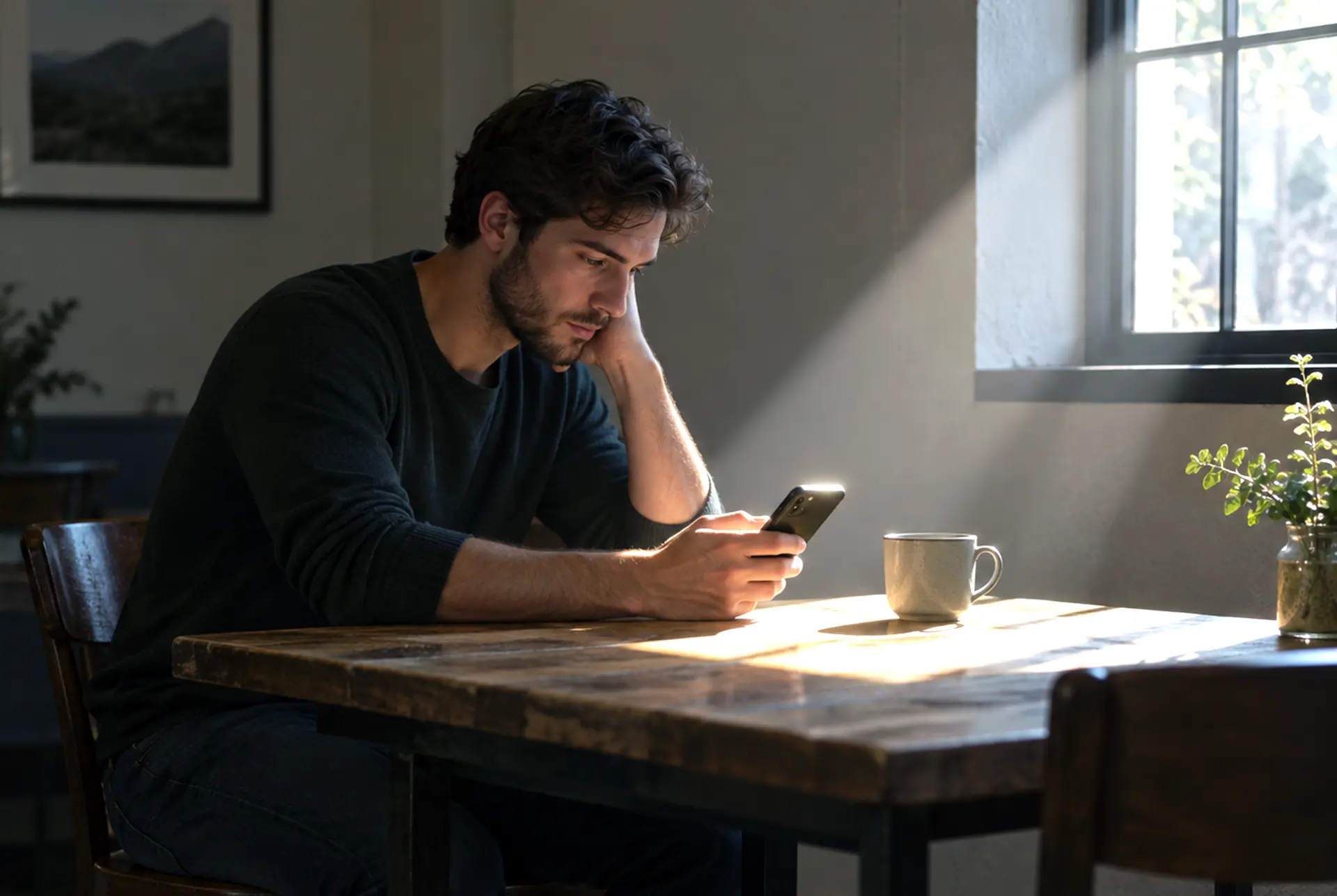 Adult alone at a table with a phone in daylight