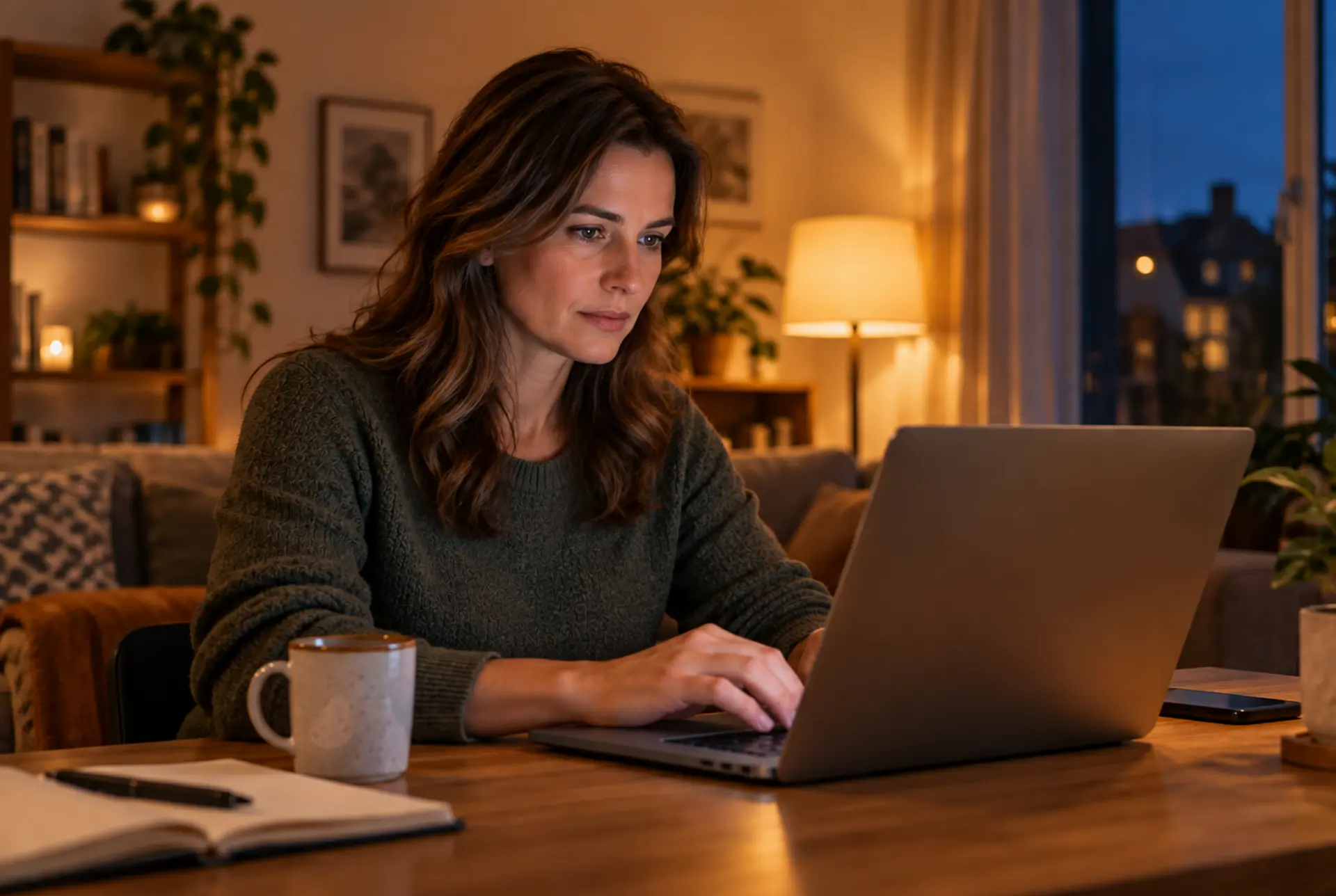 Adult at a laptop at home in evening light