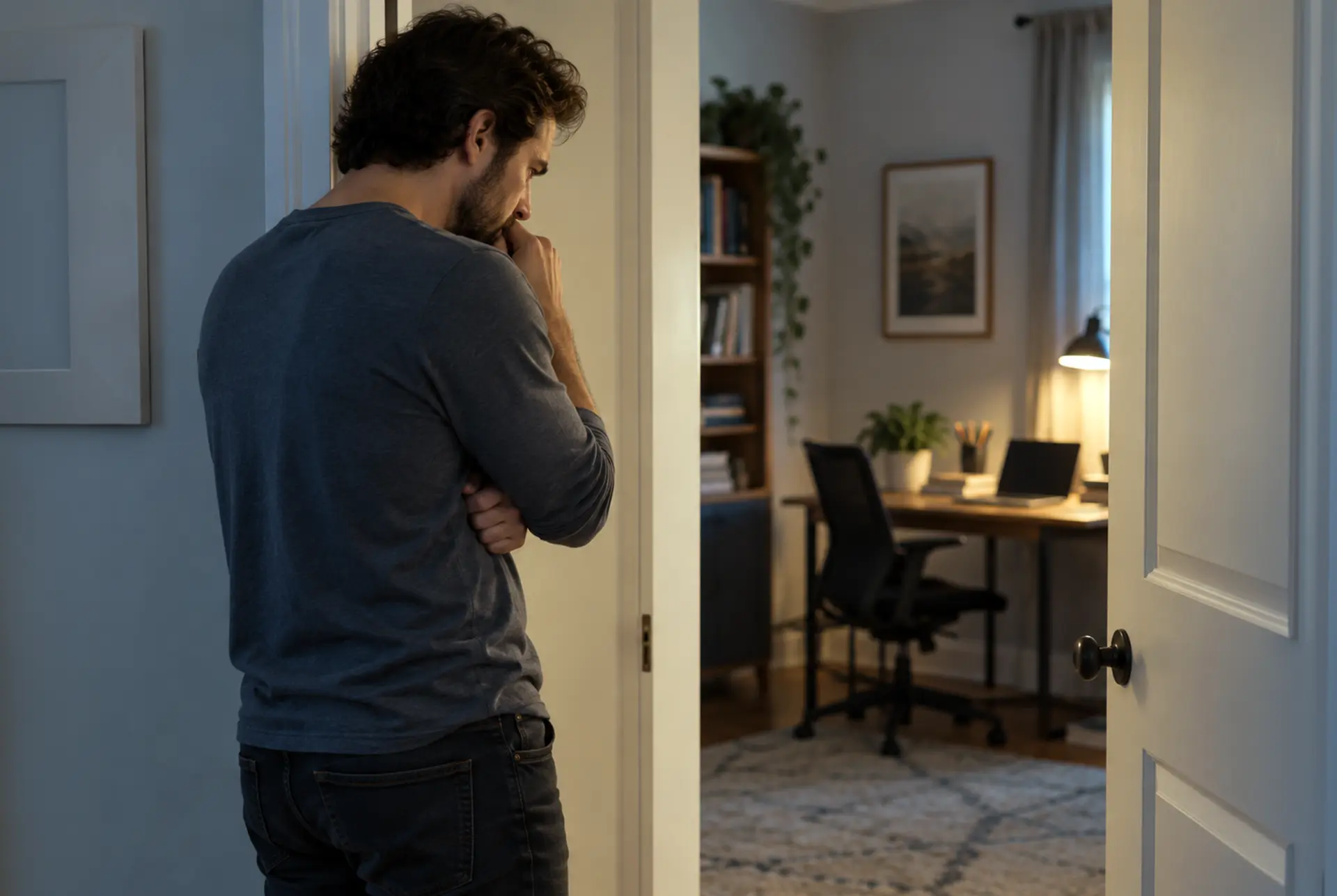 Adult standing in a doorway before entering a room