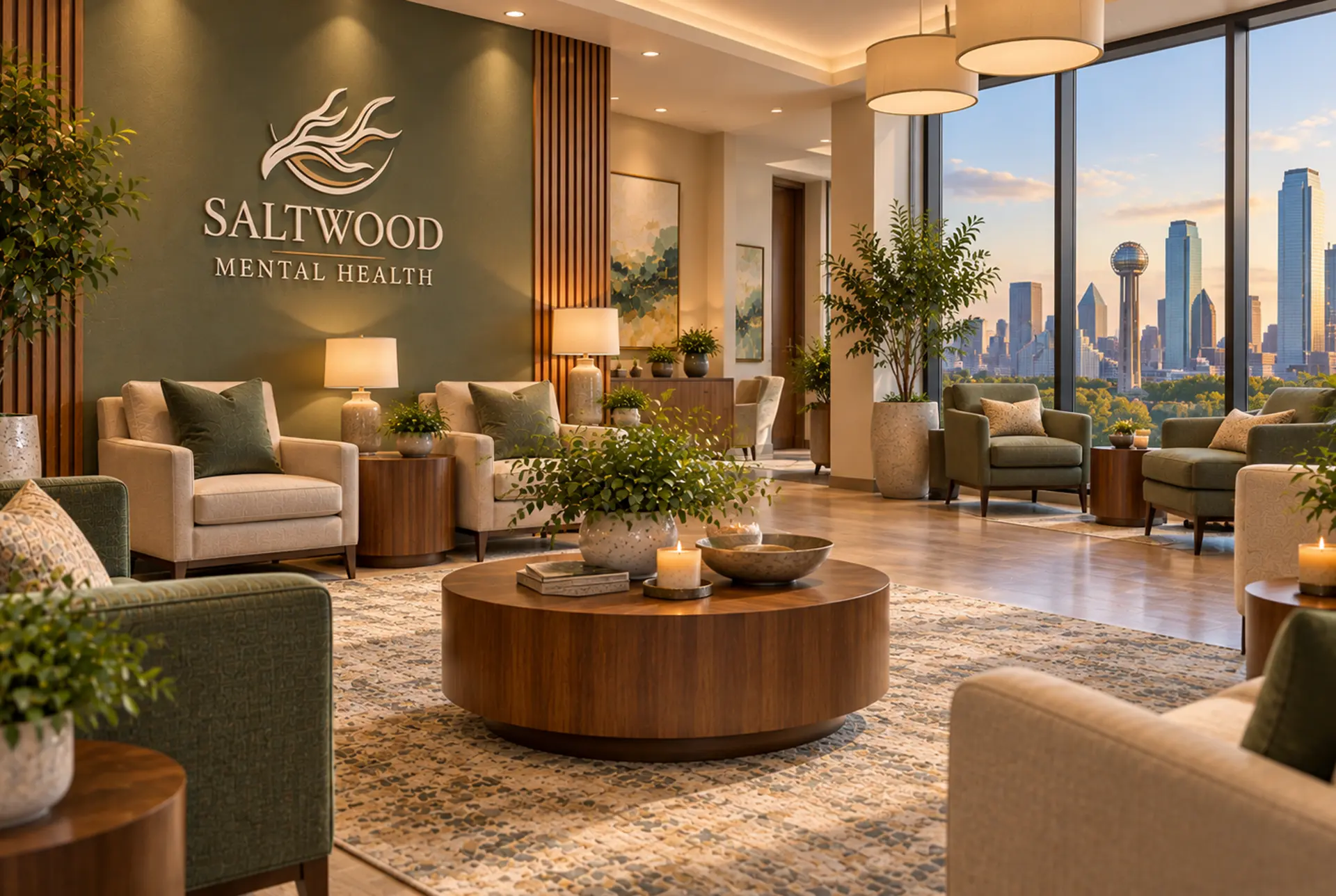 Reception and seating area at Saltwood Mental Health in Dallas, Texas