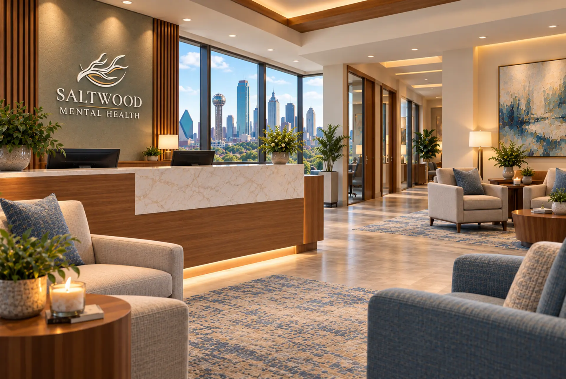 Reception and seating area at Saltwood Mental Health in Dallas, Texas