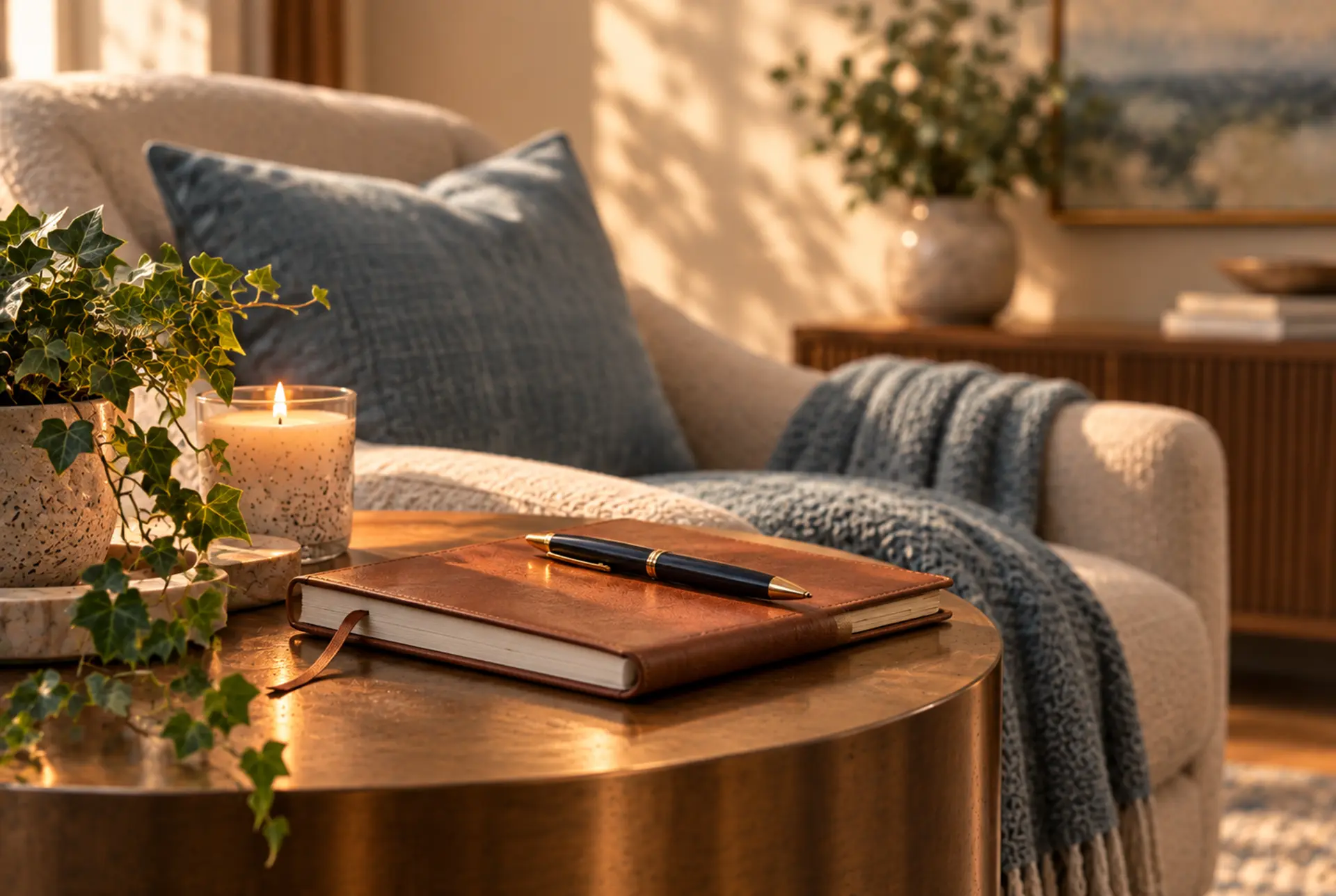 Journal and pen resting on a side table in a calm room