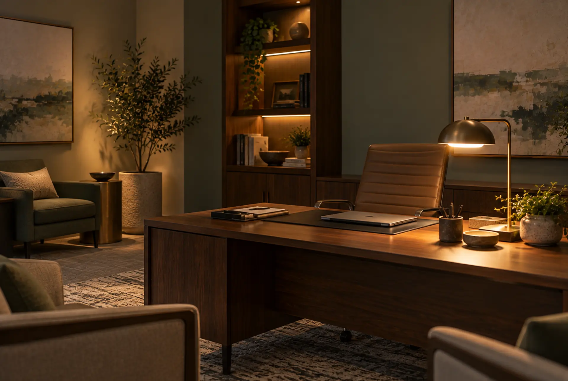Single desk lamp lit in an empty office after hours
