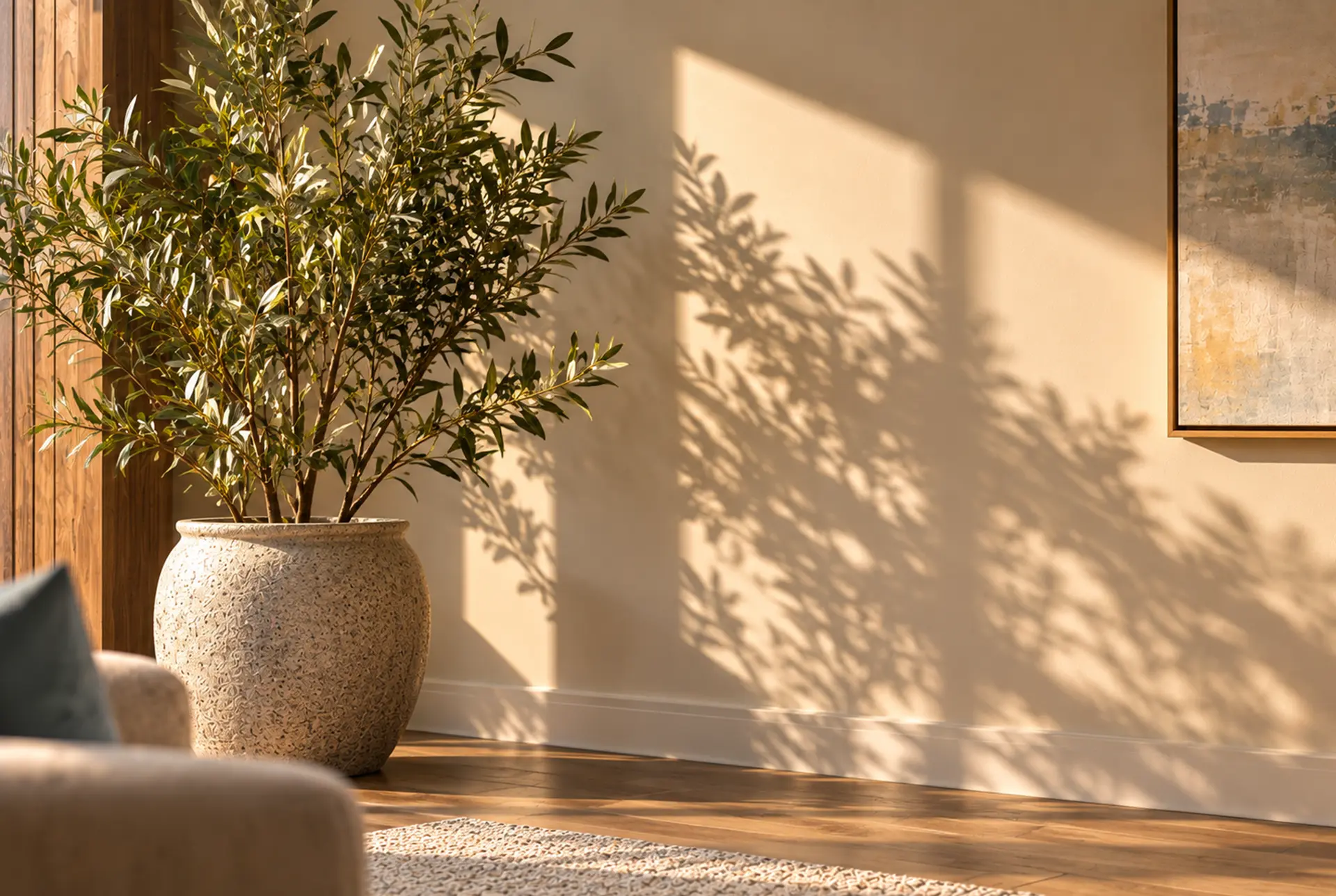Morning light falling across a plant and a warm neutral wall