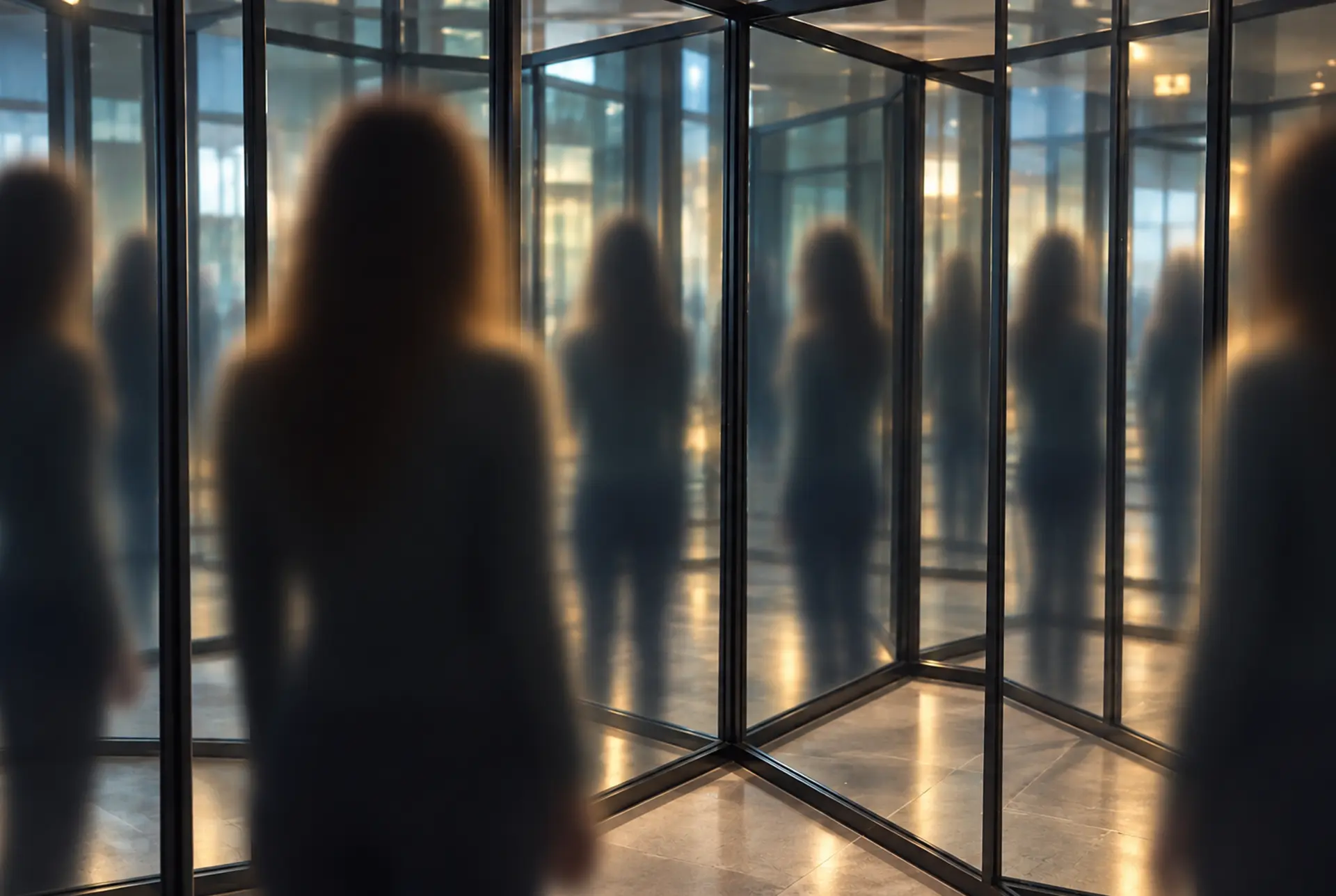 Figure reflected across several panes of glass