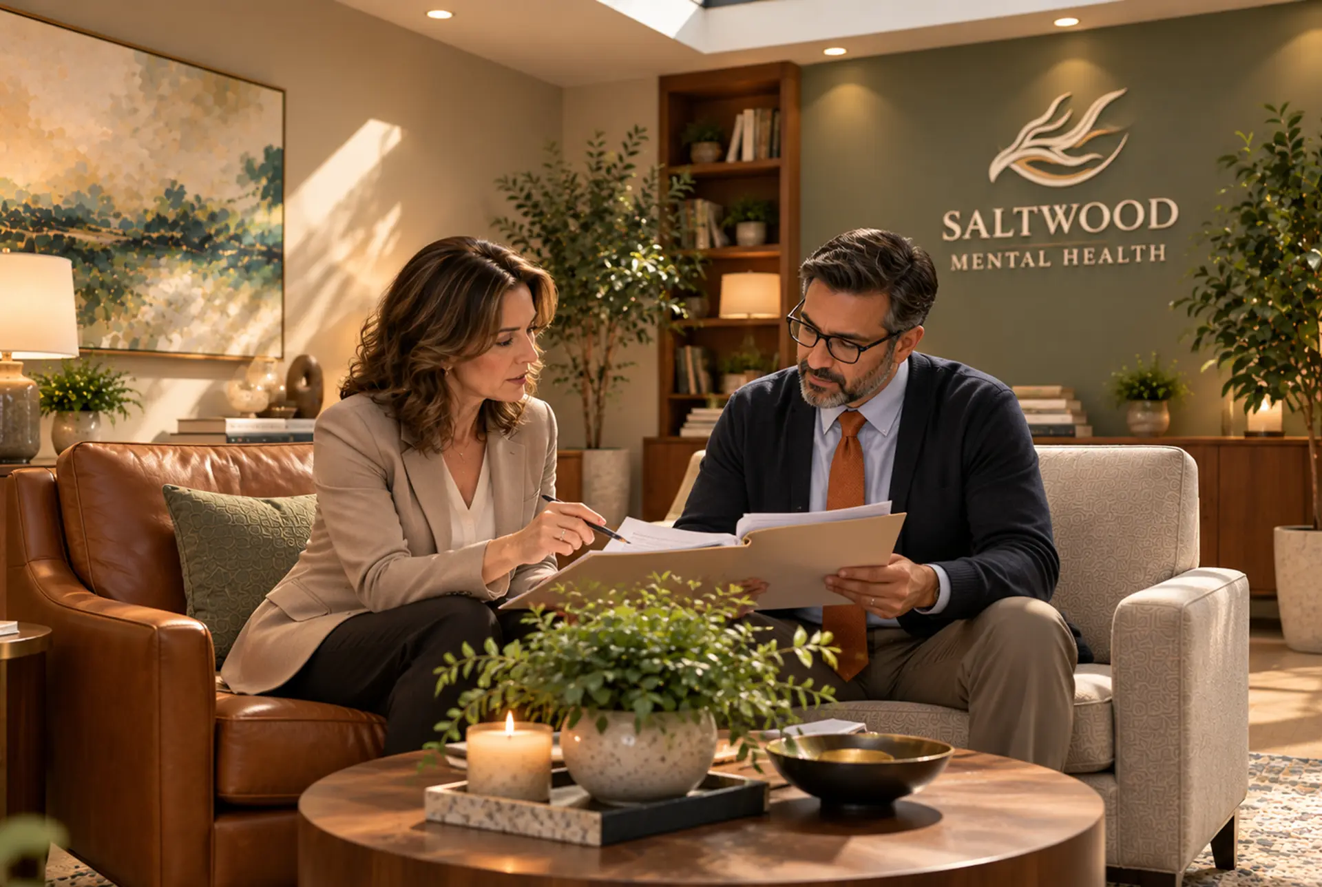 Two people seated side by side reviewing something together