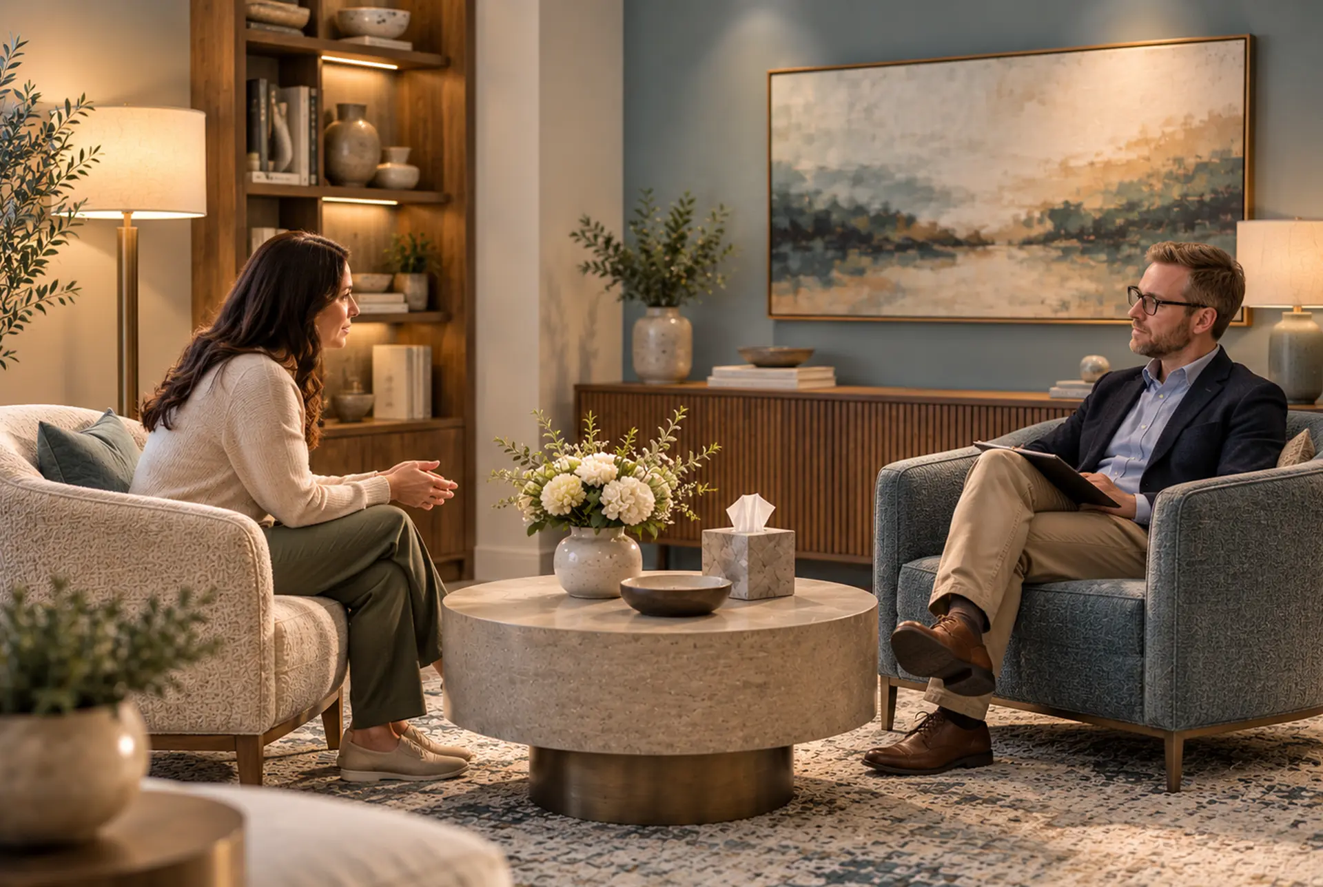 Two people talking across a small table in a therapy setting