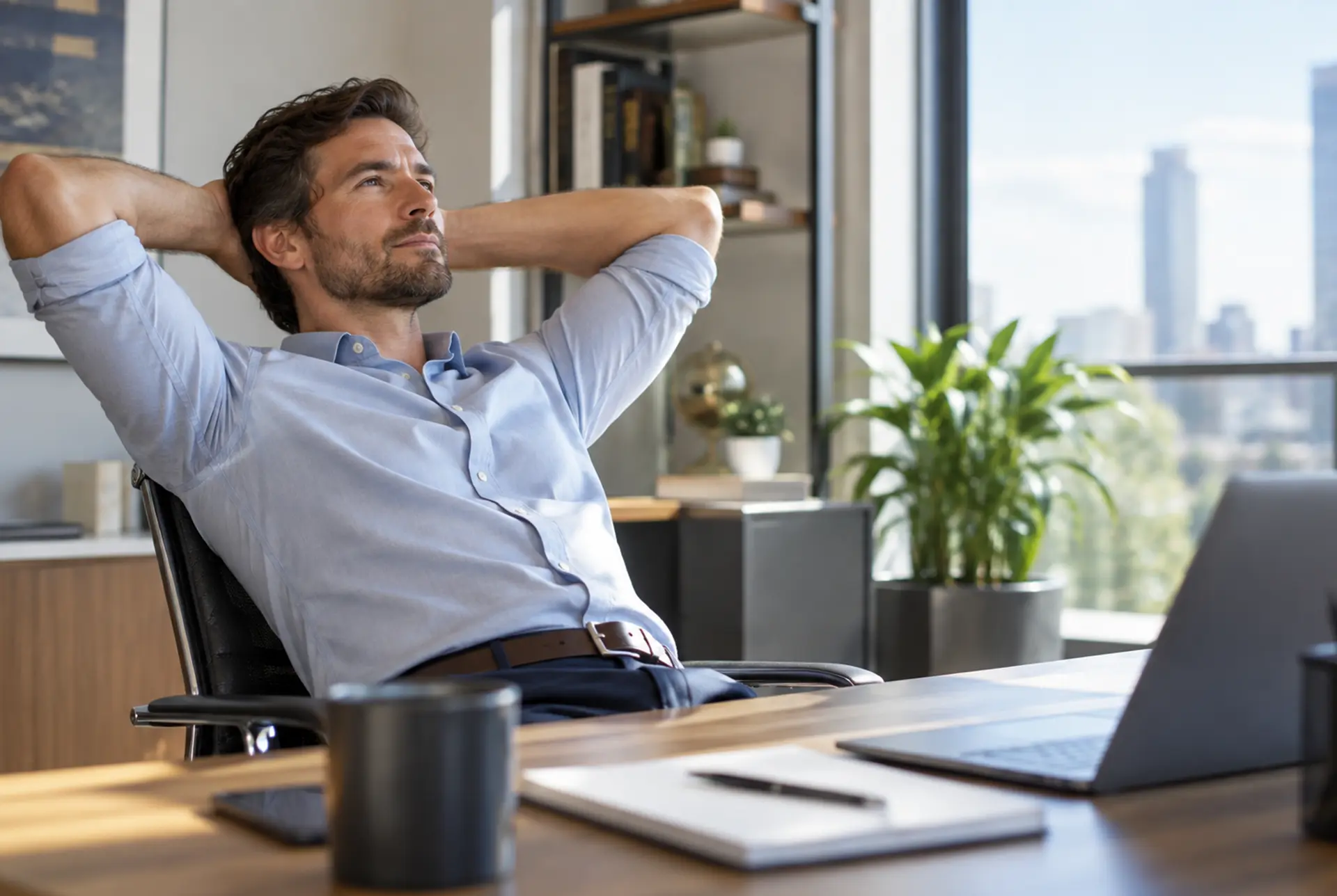Adult leaning back from a desk during the working day