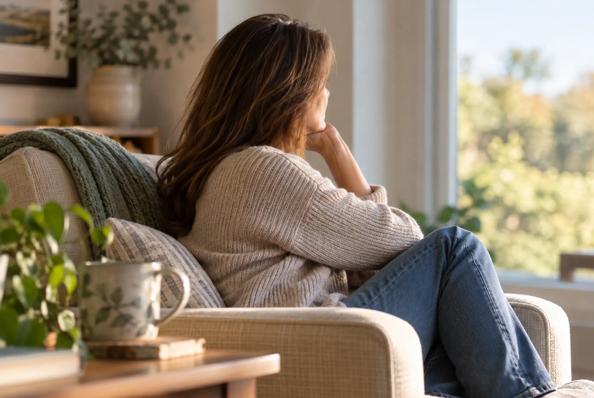 Woman sitting alone, looking away in soft daylight