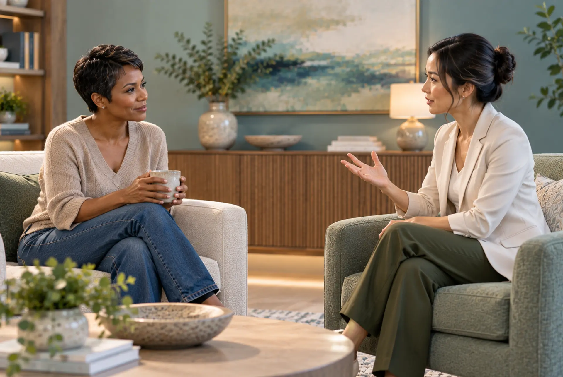 Psychiatric provider discussing medication and therapy with a client.