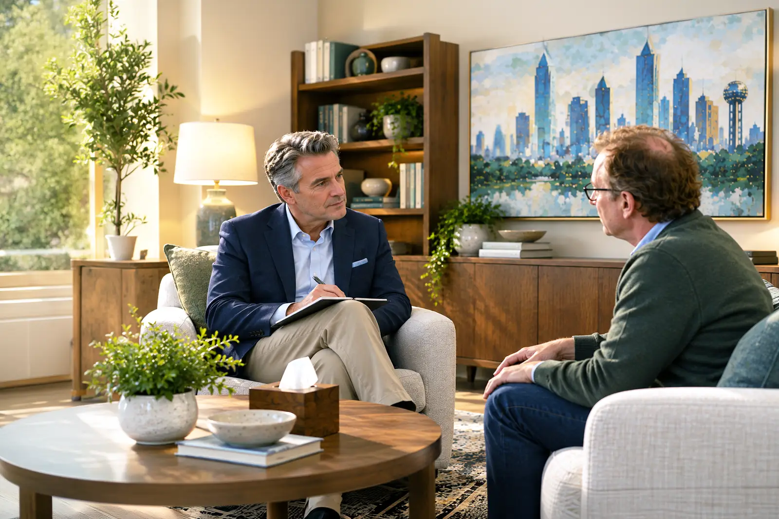 Man discussing treatment with a mental health provider.