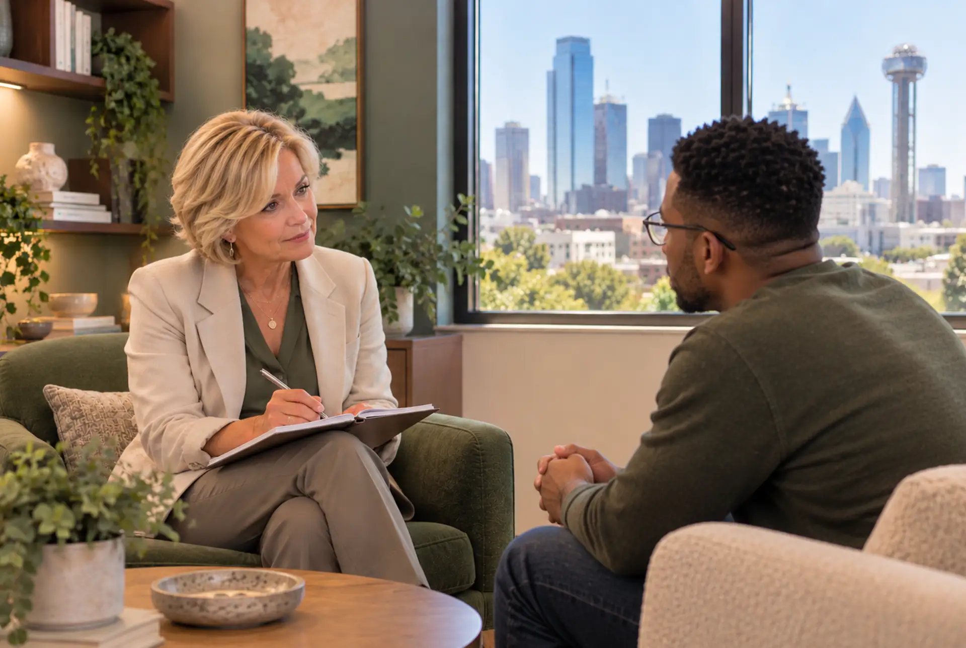 Therapist listening during a one-on-one counseling session.