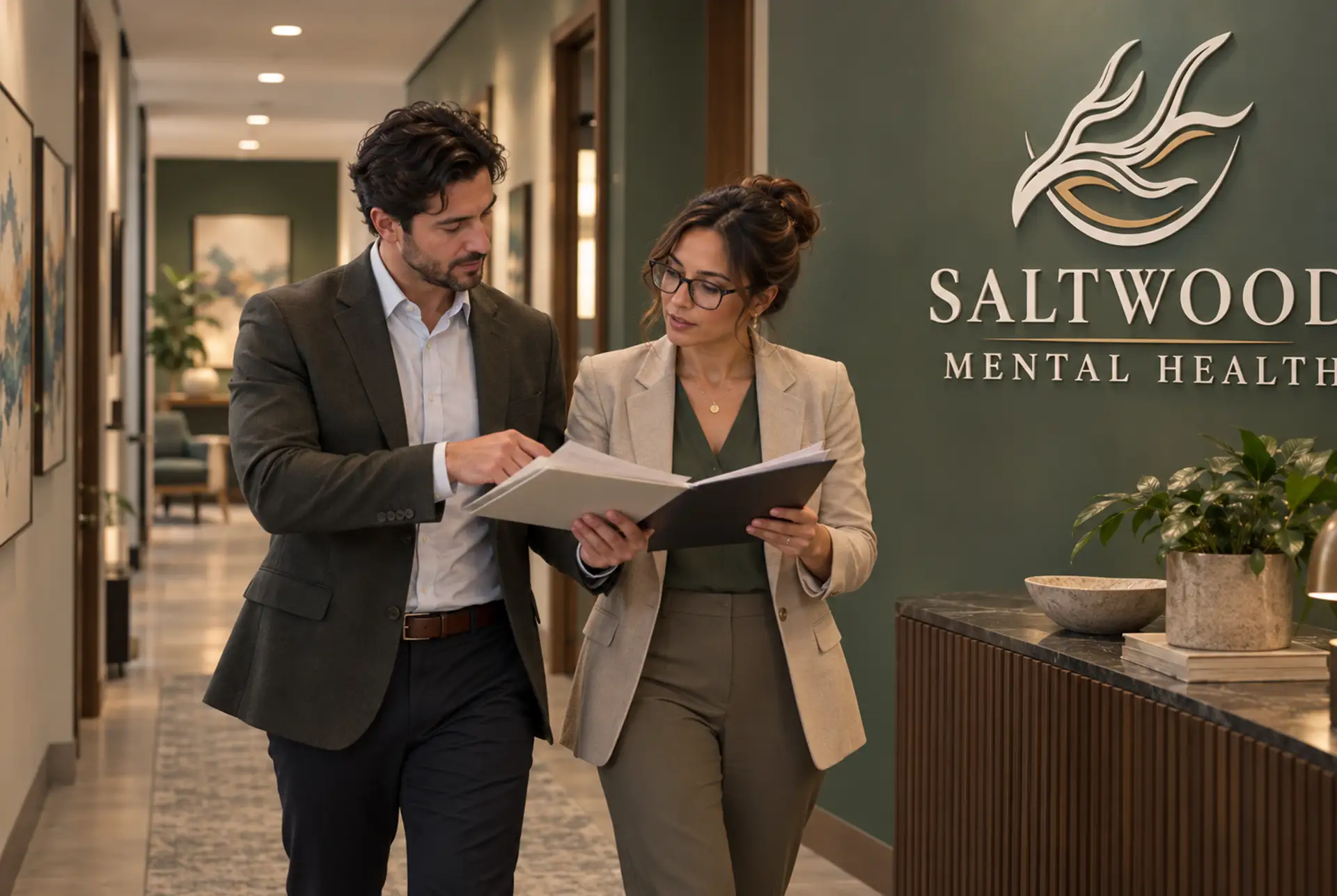Therapists walking down a corridor reviewing a client case file.