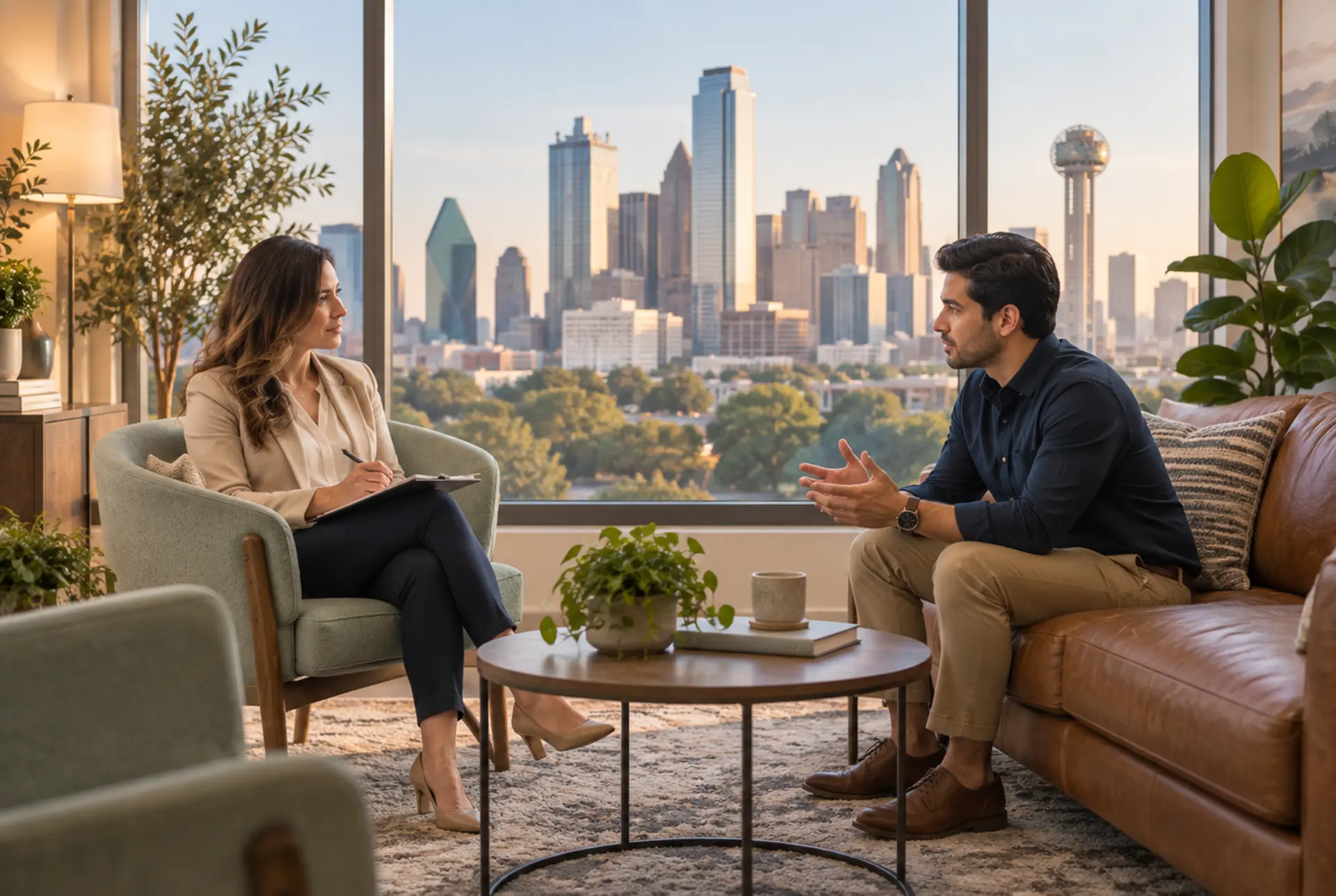 Therapist speaking with a client during a mental health counseling session.