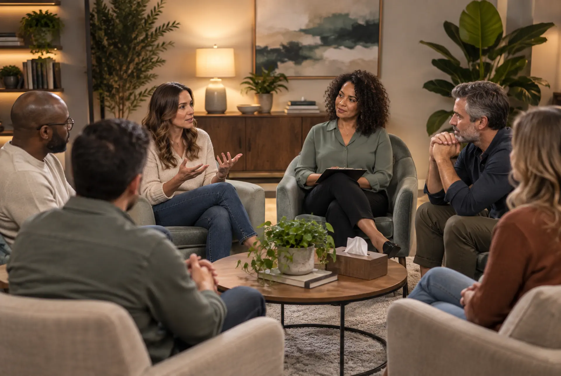 Group therapy session for adults receiving mental health treatment.