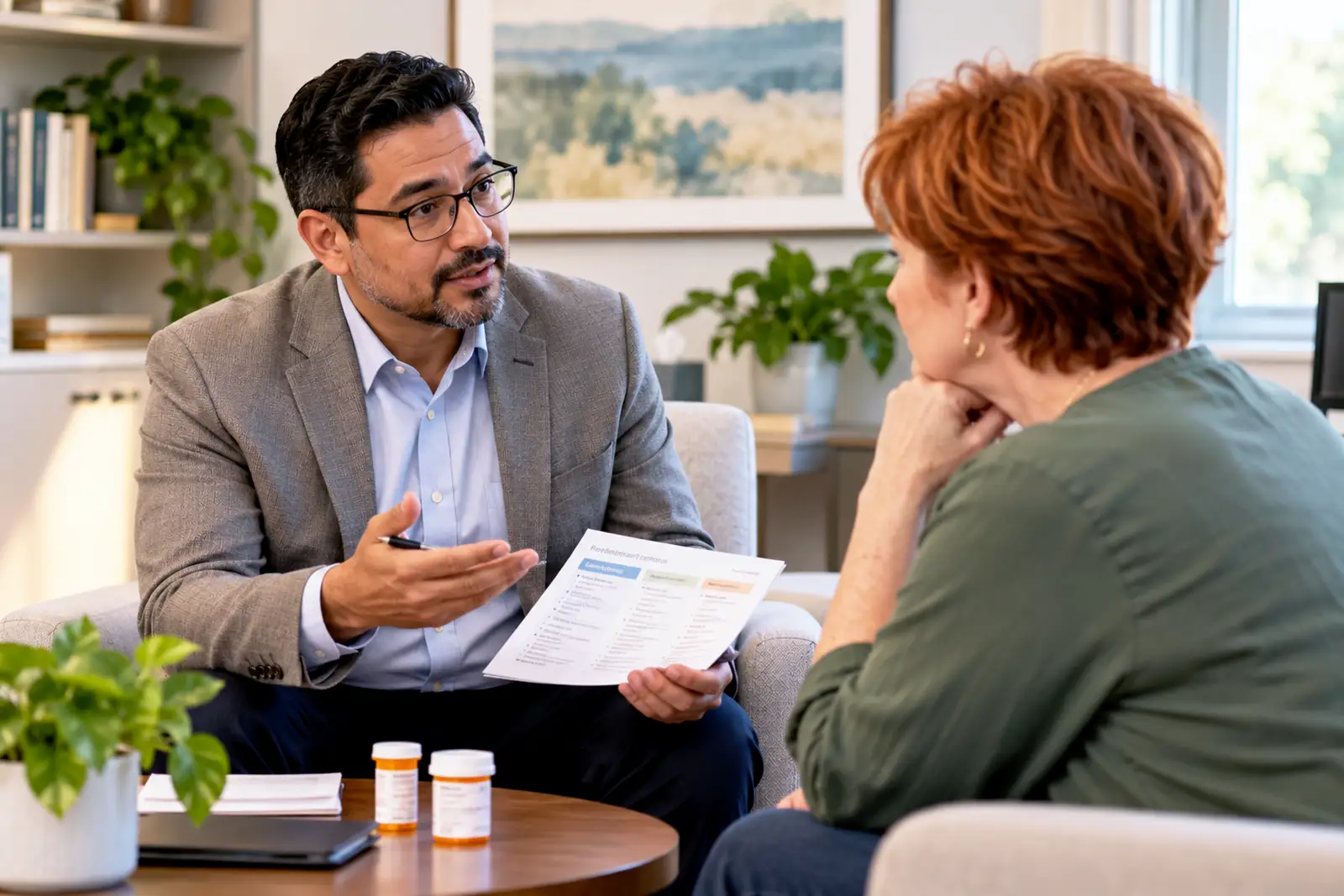 Mental health professional discussing antidepressant treatment options with a patient.