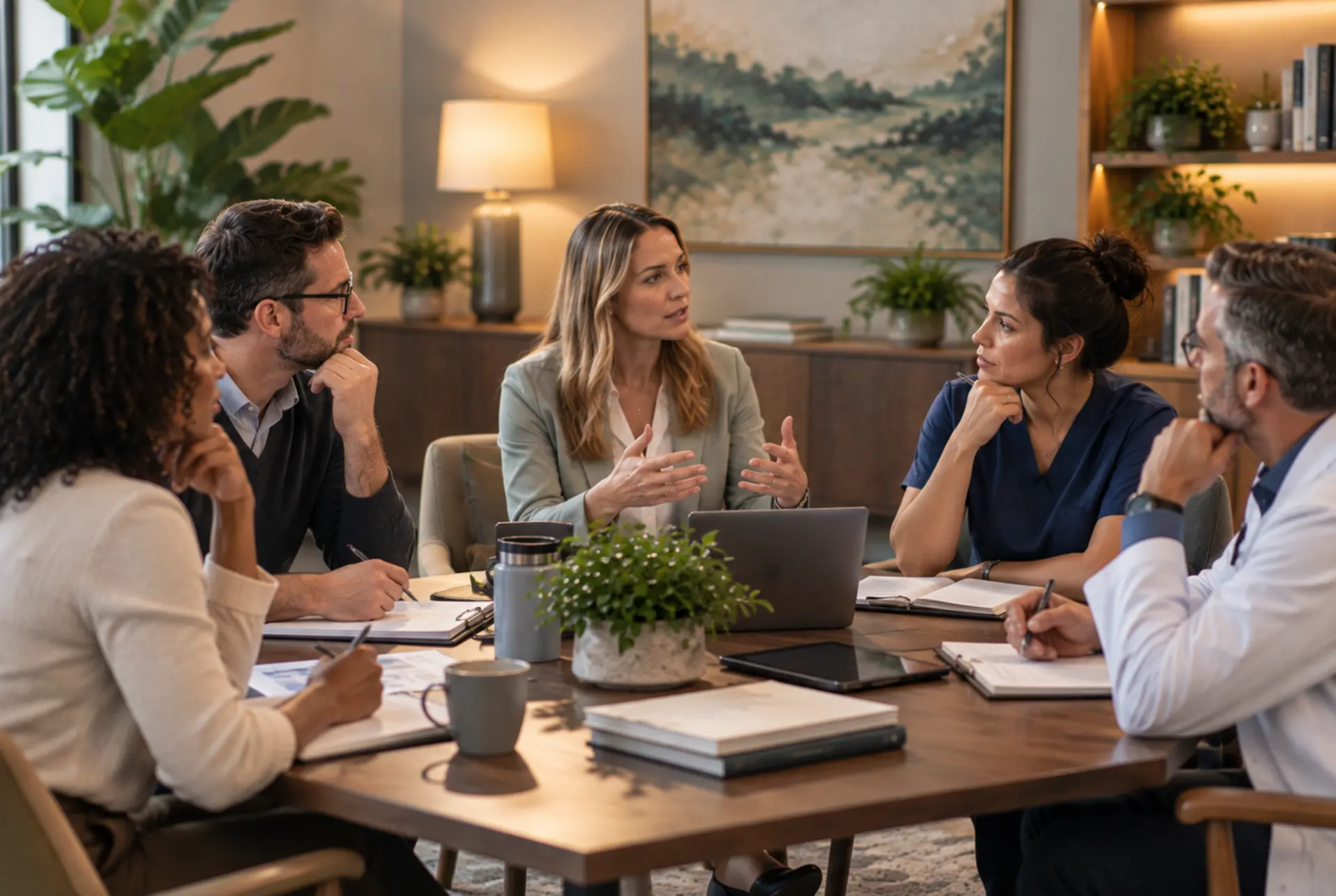 A group of therapists and clinicians discussing therapies offered at Saltwood Mental Health in Dallas, Texas