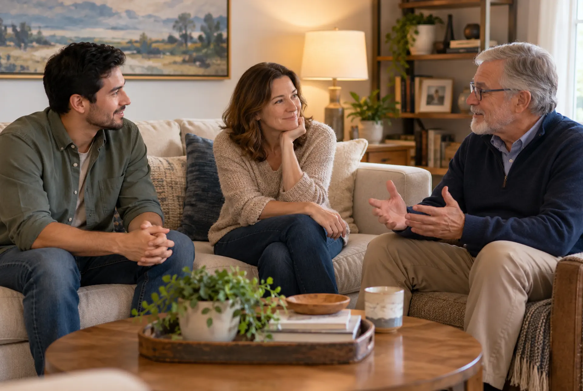 Three adults of different ages seated together in a living room