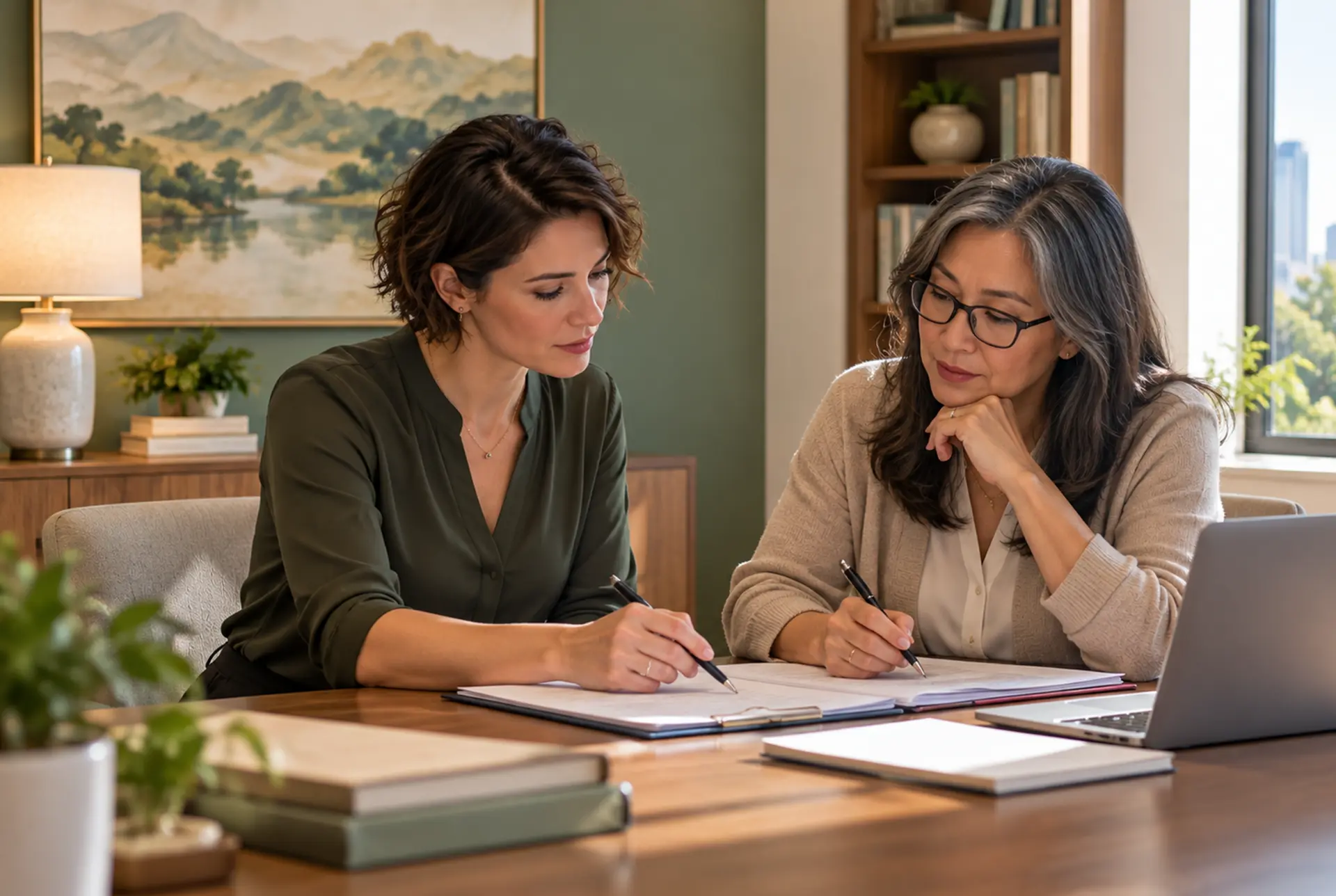 Two people working through written notes together at a table