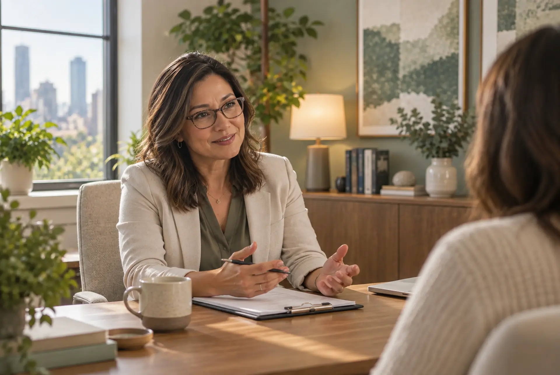 Mental health professional meeting privately with a client