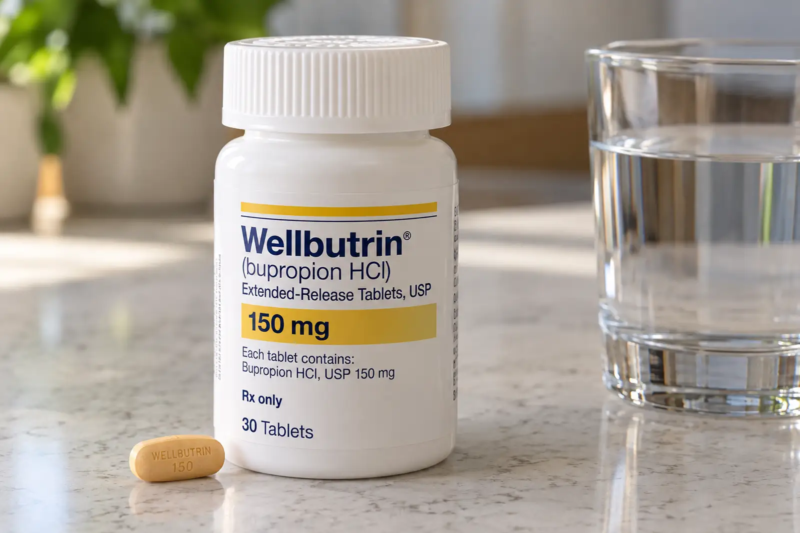 Wellbutrin medication bottle used in depression treatment.