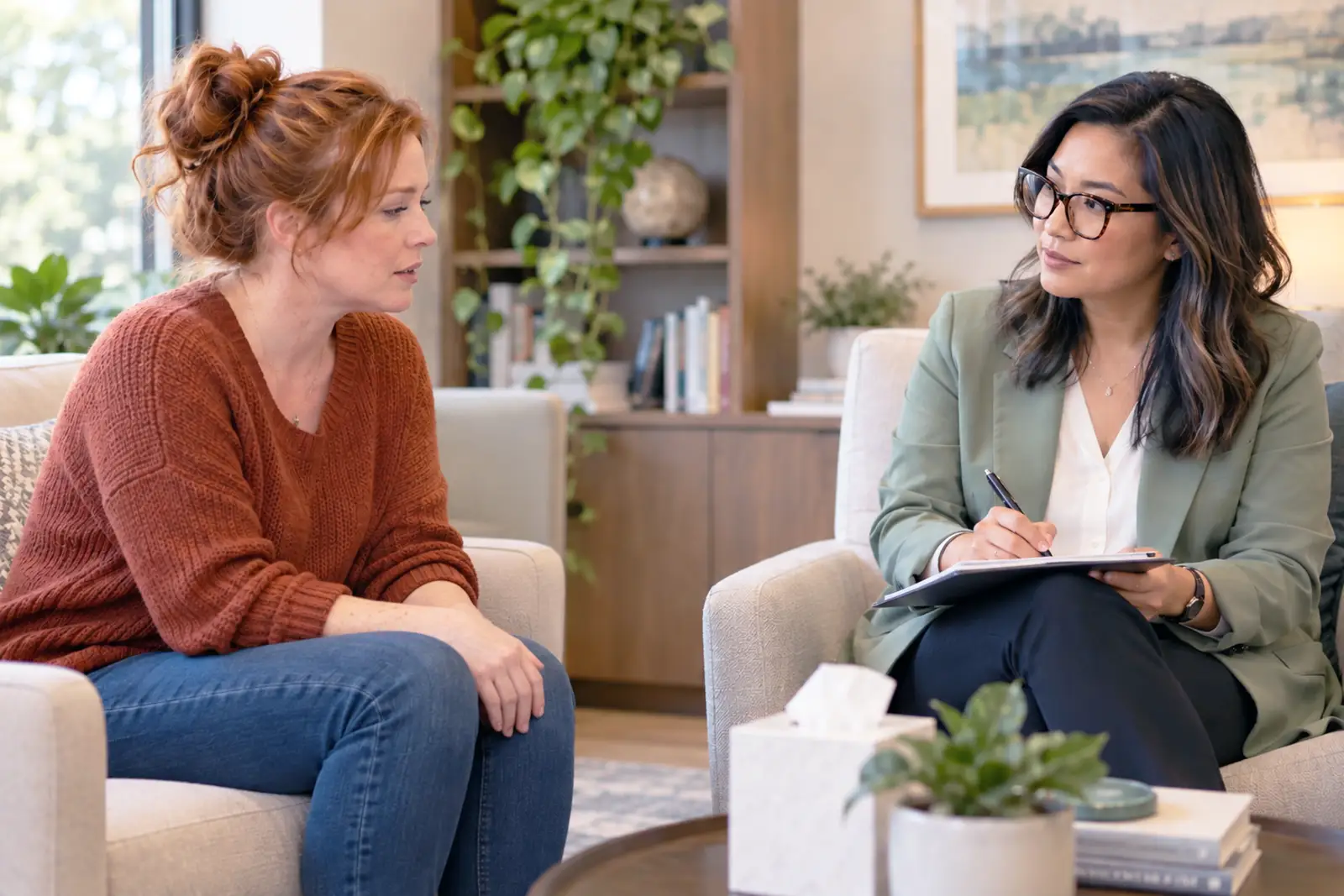 Adult woman discussing depression symptoms with a mental health provider.