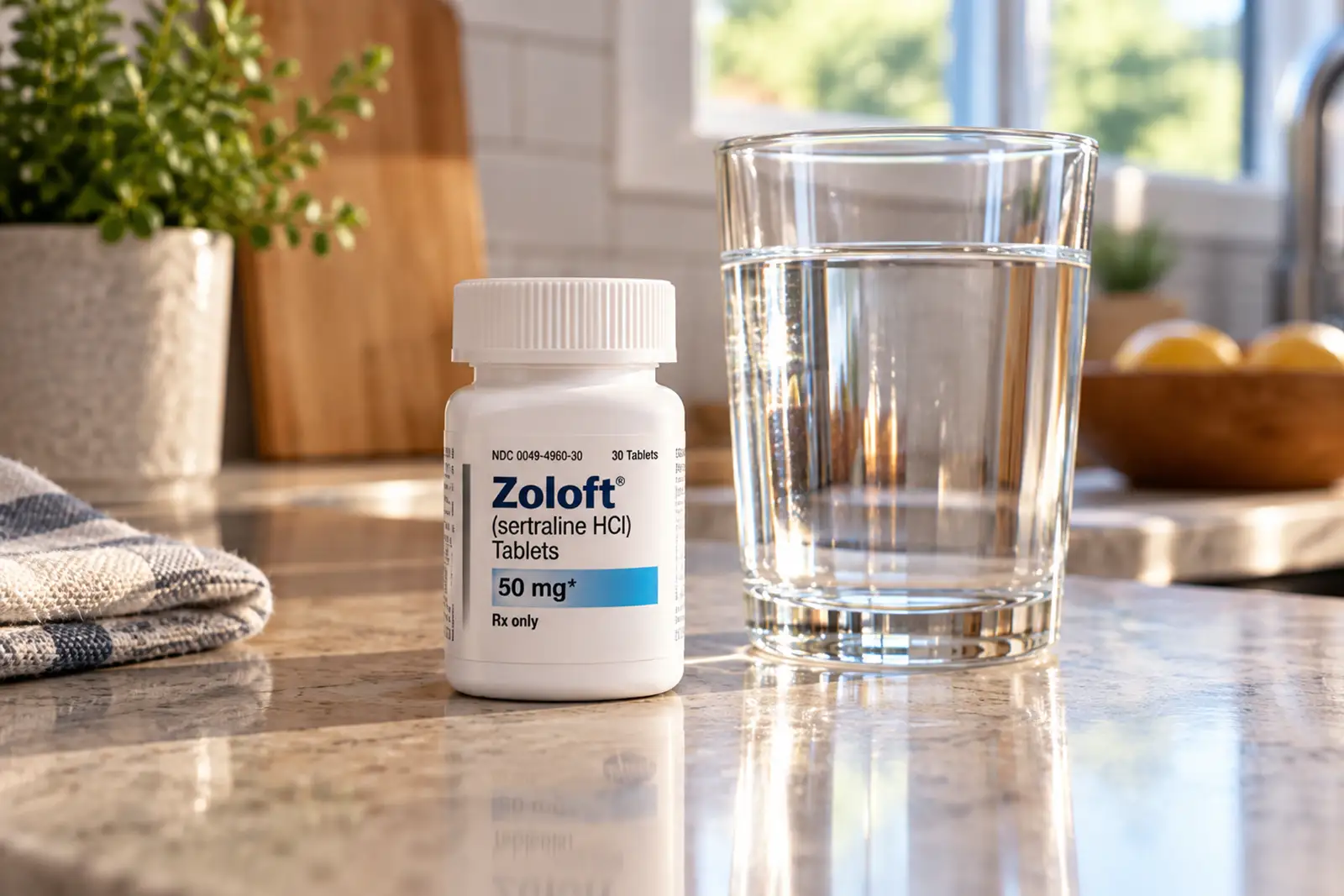 Bottle of Zoloft beside a glass of water on a countertop.
