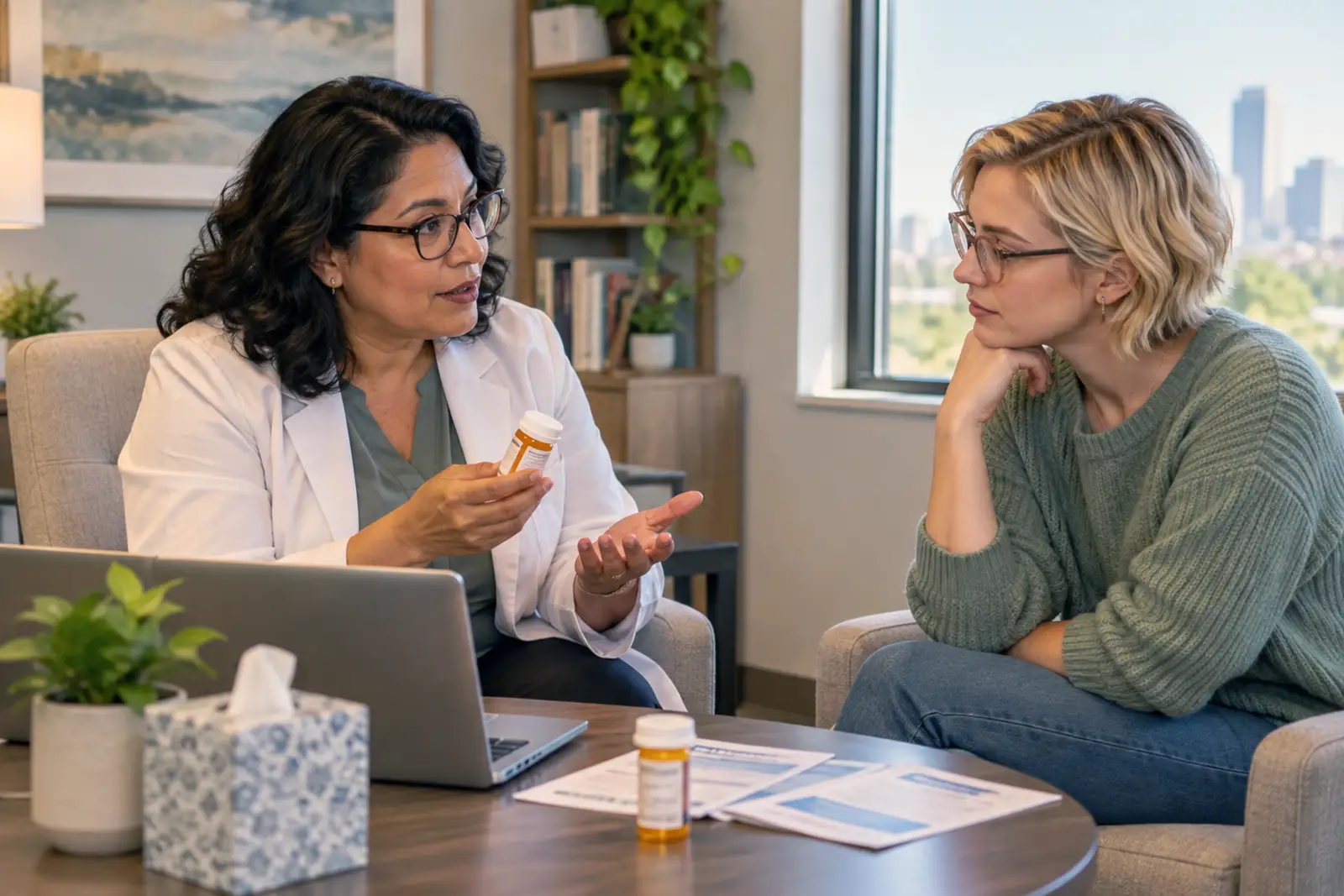 Psychiatric provider reviewing antidepressant treatment and side effects with a patient.